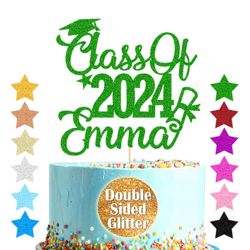 Personalized Cake Topper Custom Congrats Graduation Hat Student Class Of 2024 Double Sided Glitter Card Green