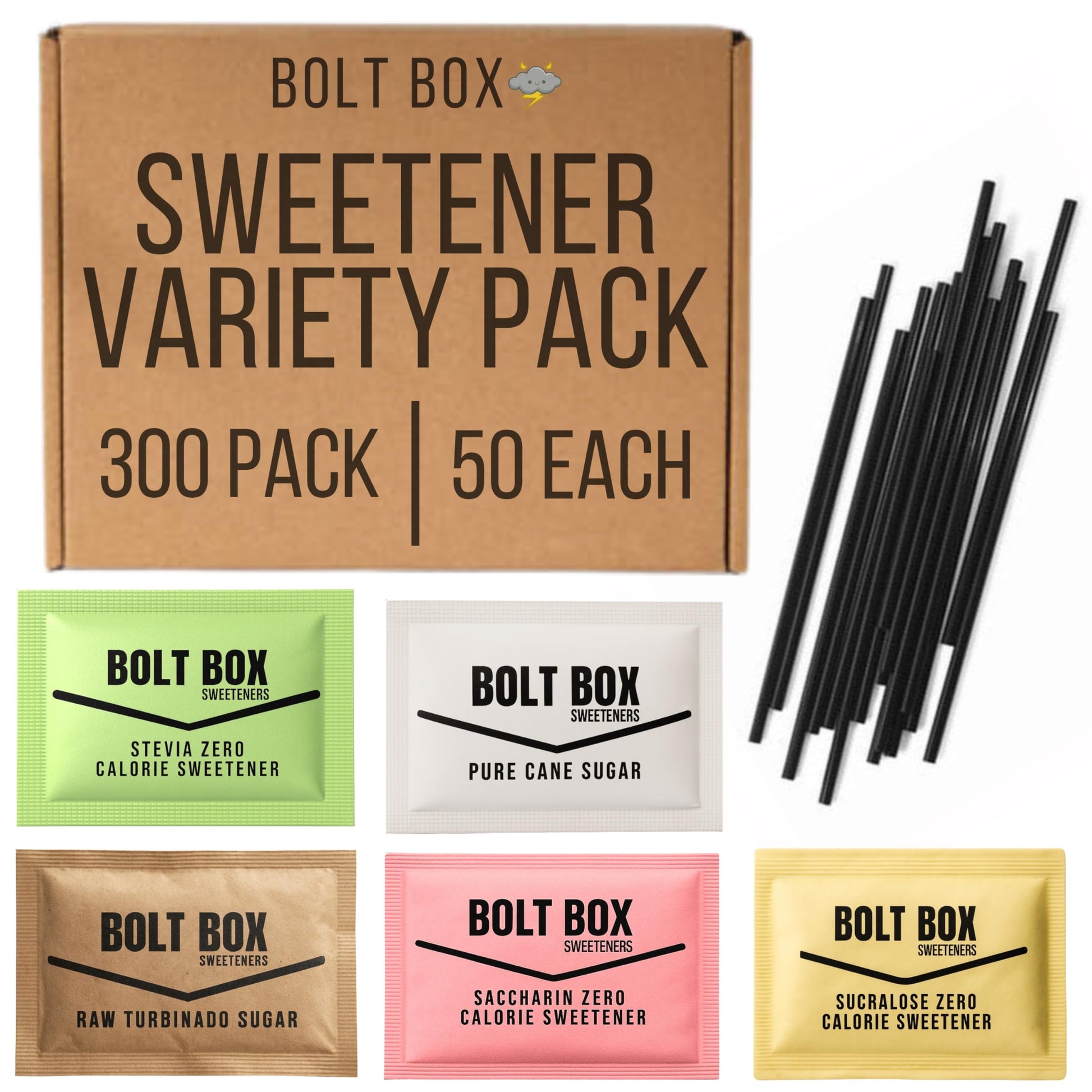 (300 total, 50 each) Bolt Box Sugar & Sugar Substitute Packets Box