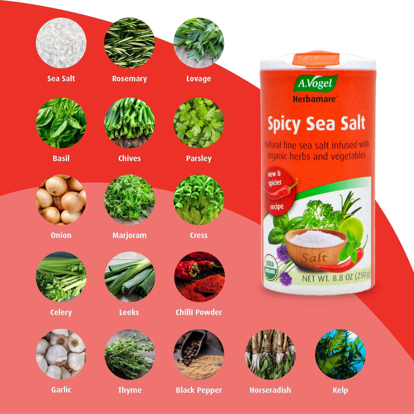 A. Vogel Herbamare Seasoned Spicy Sea Salt - USDA Organic - Seasoning Salt Infused w/ 12 Herbs - 33% Less Sodium - Non-GMO -Glut