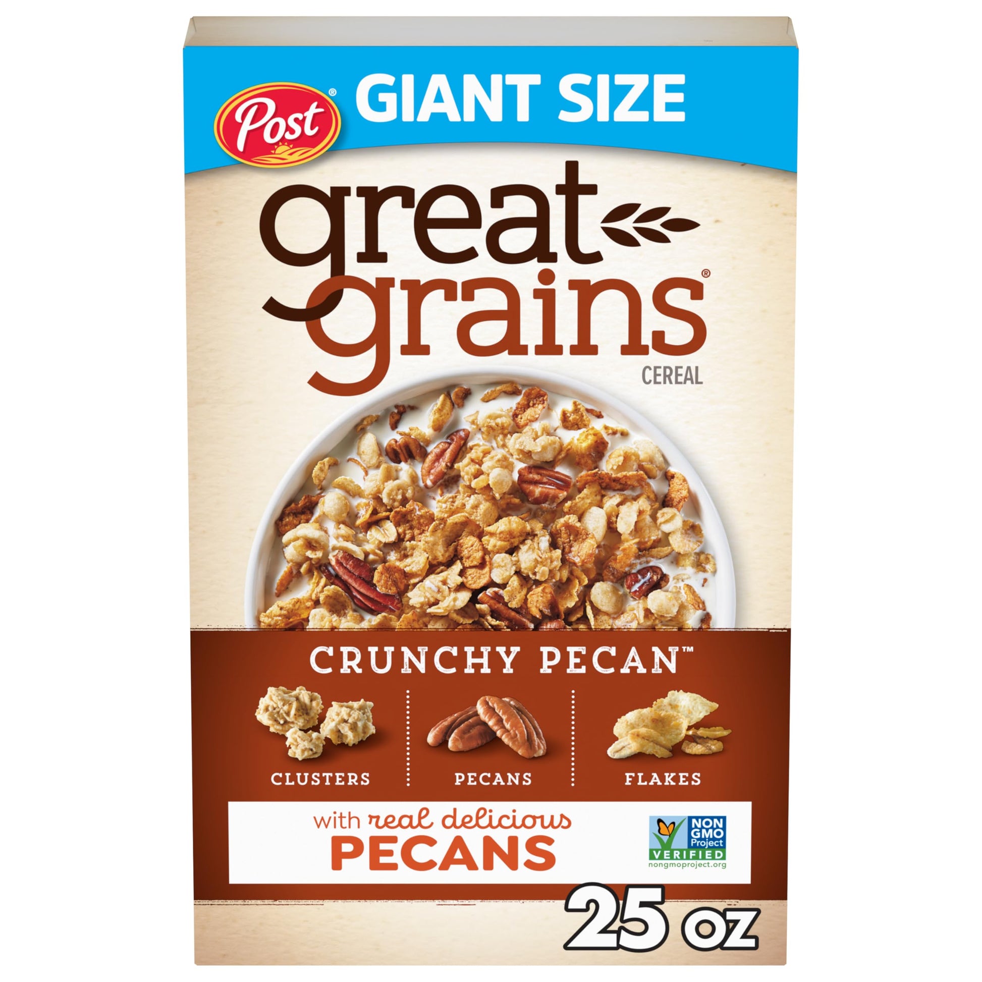 Great Grains Crunchy Pecans Whole Grain Breakfast Cereal, Whole grain, Crispy Flakes and Granola Clusters Non-GMO Verified, 25 o