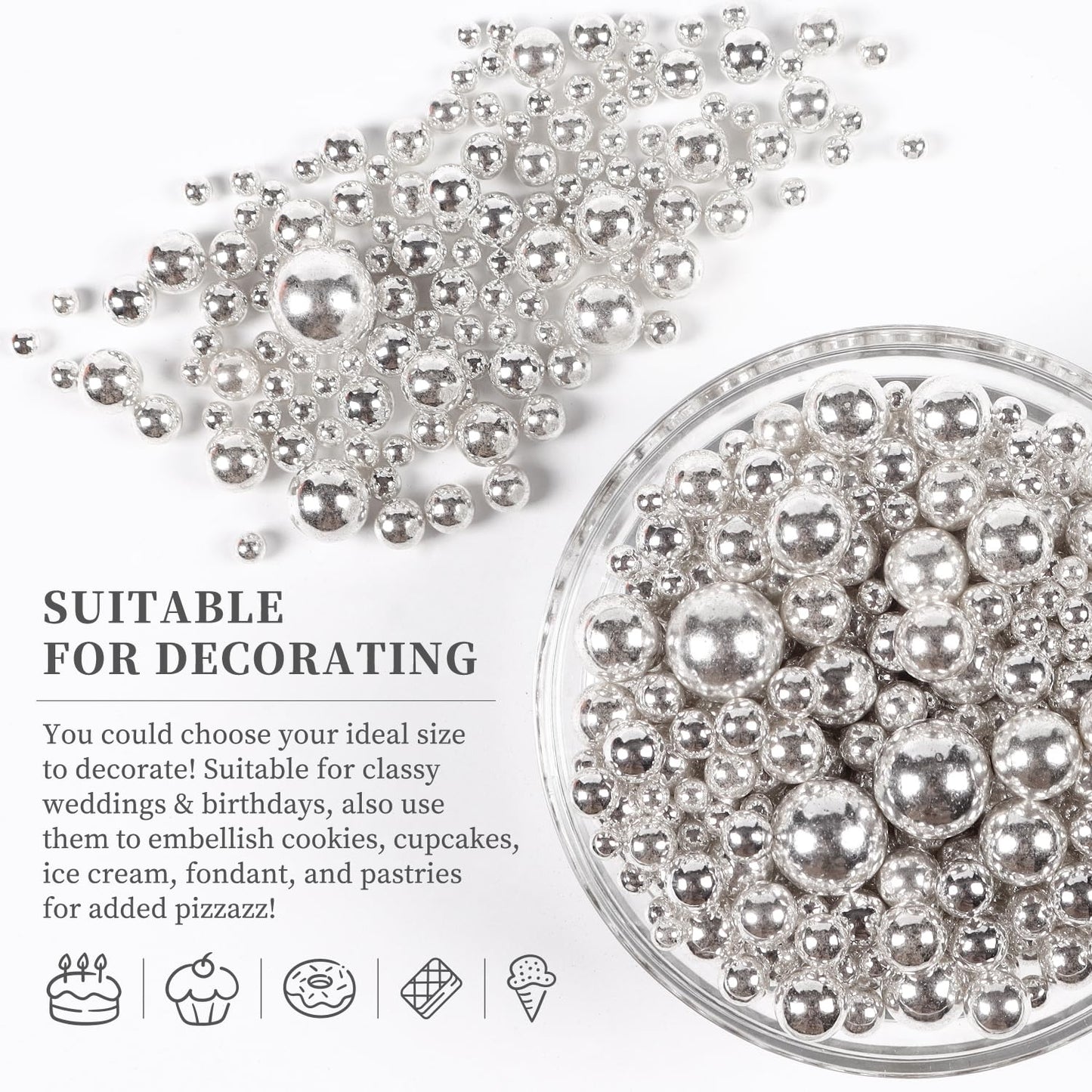 Pearls For Cake Decorating, Silver Pearl Sprinkles, Silver Metallic Sprinkles For Cake Decoration, Perfect For Cupcakes, Macaron