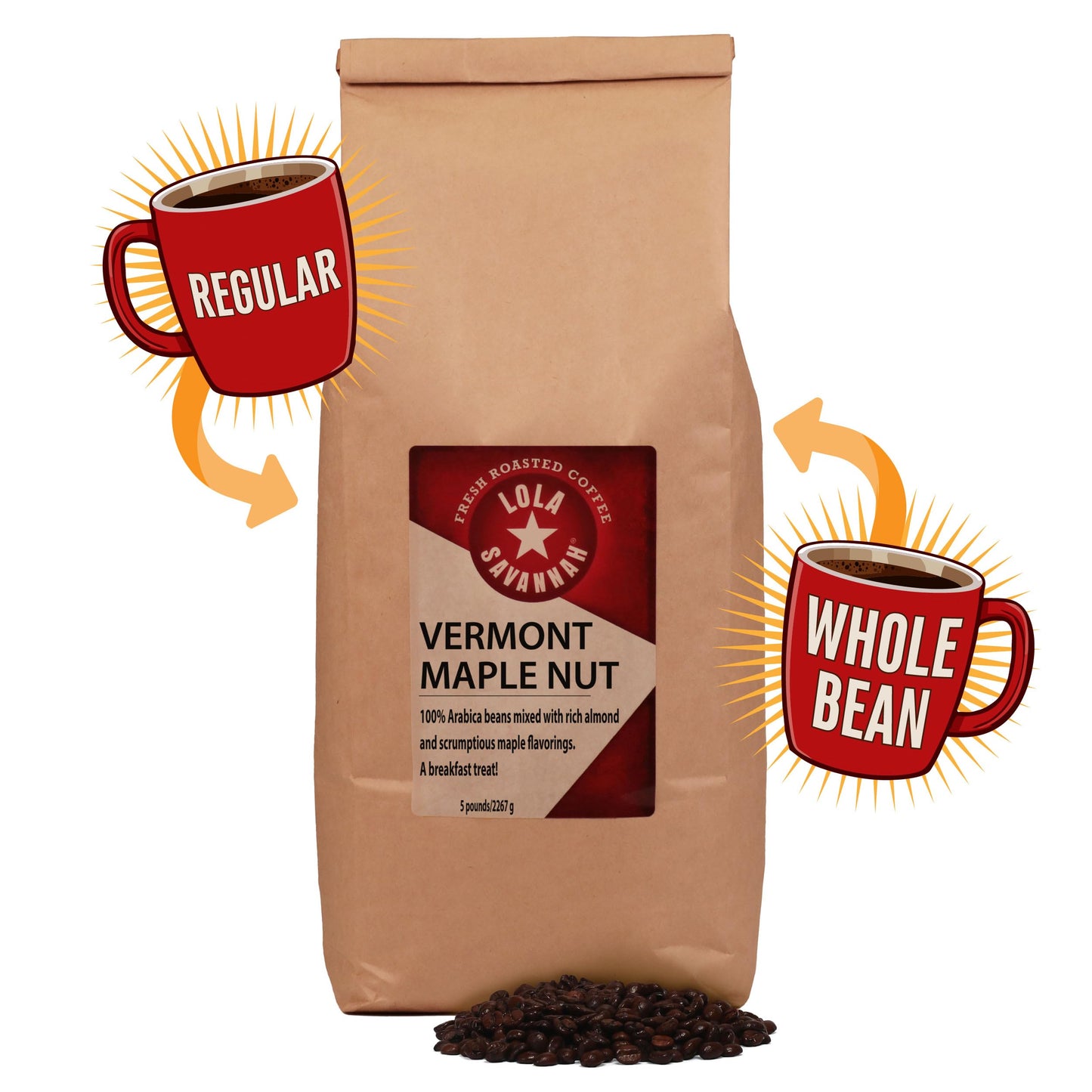 Lola Savannah Vermont Maple Nut Whole Bean Coffee, 5lb, 80 Ounce, Caffeinated