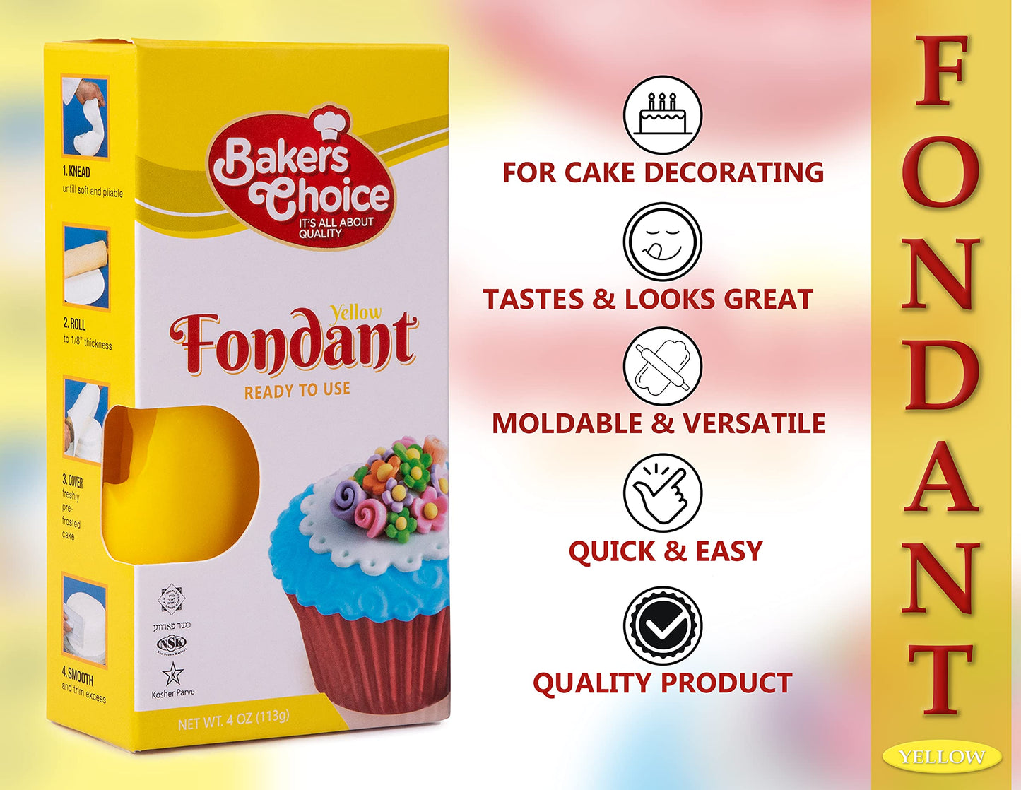 Bakers Choice Yellow Fondant Icing, 4 oz. Ready to Use Cake Decorating Frosting, Easy to Roll, Dairy Free, Nut Free