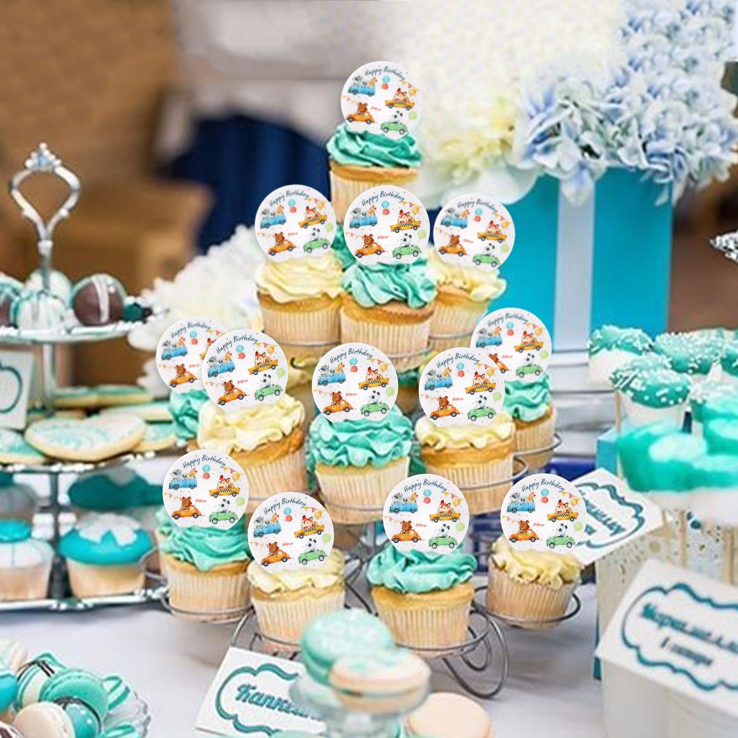40Pcs Edible Animal Cupcake Toppers Wafer Paper Girl Boy Fox Forest Animals Car Vehicles Racing Car Taxi Cake Toppers Decoration