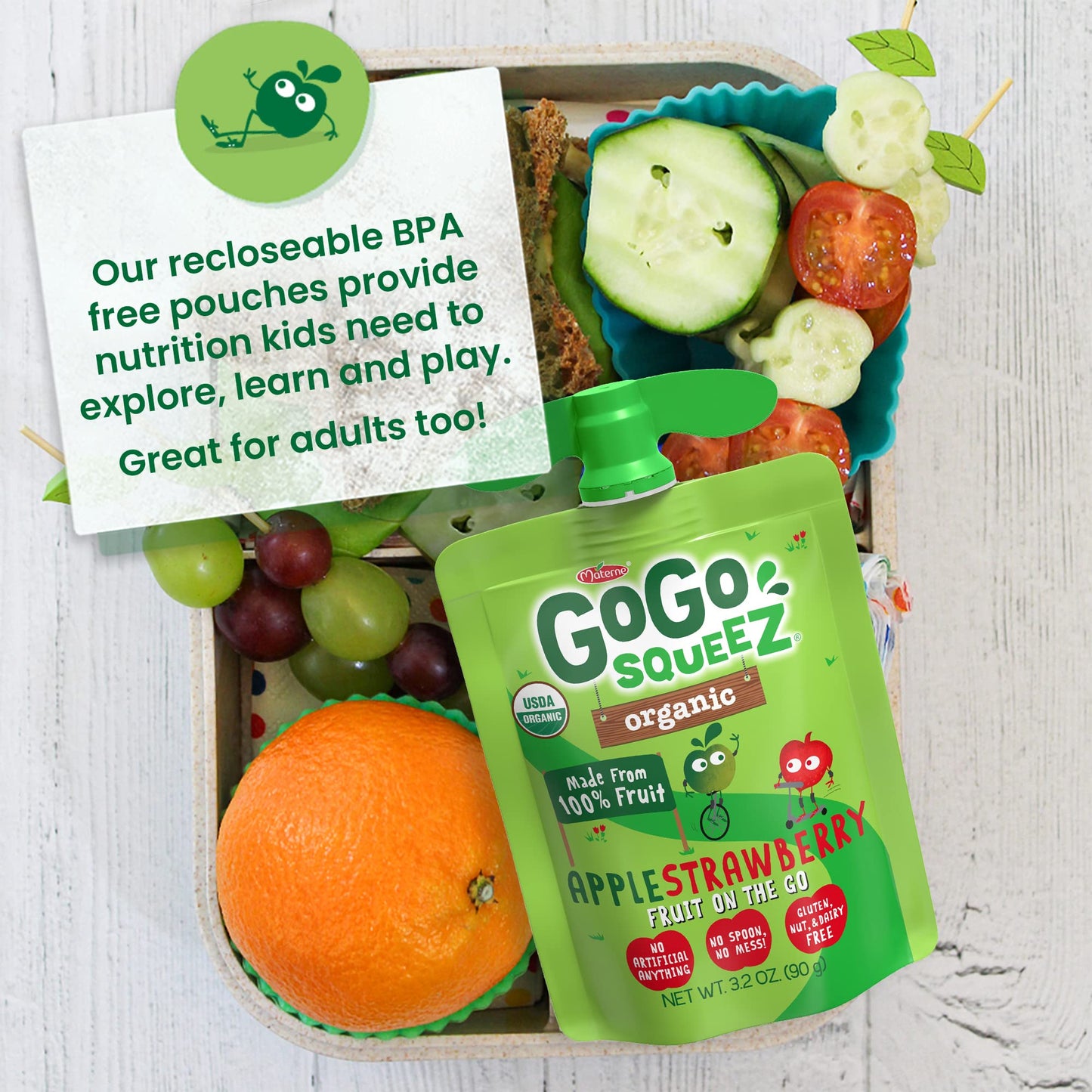 GoGo squeeZ Organic Applesauce & Fruit Puree, Apple Strawberry, 3.2 oz (Pack of 48), Unsweetened, Gluten Free, BPA Free Pouches