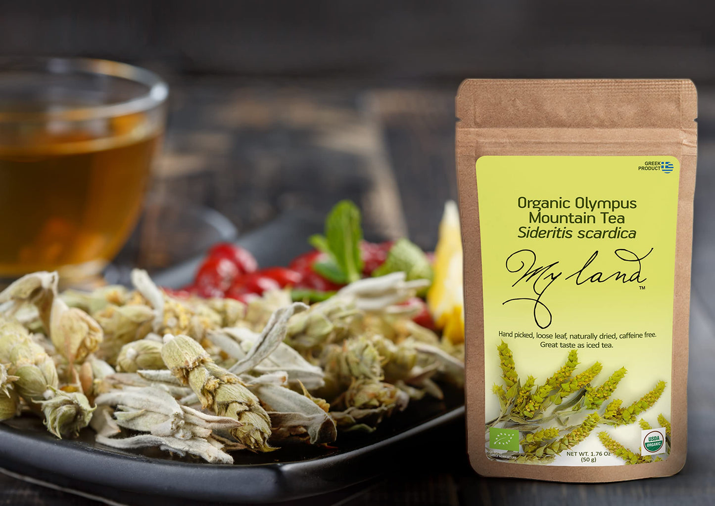 MY LAND Organic Greek Mountain Tea Loose Leaf, Handpicked, Caffeine-Free Herbal, 1.76 oz (50 g)