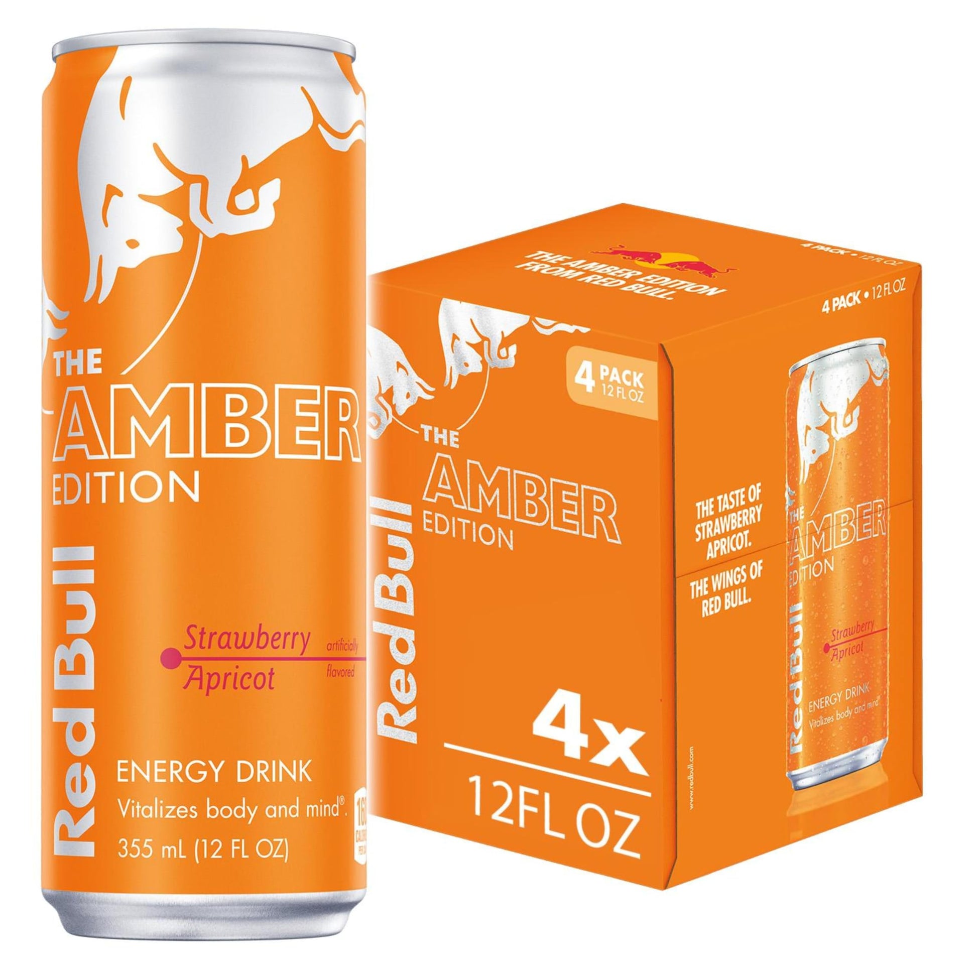 Red Bull Energy Drink Amber Edition, Strawberry Apricot, 12 fl oz, Pack of 4 Cans, 114mg Caffeine, Model RB240125
