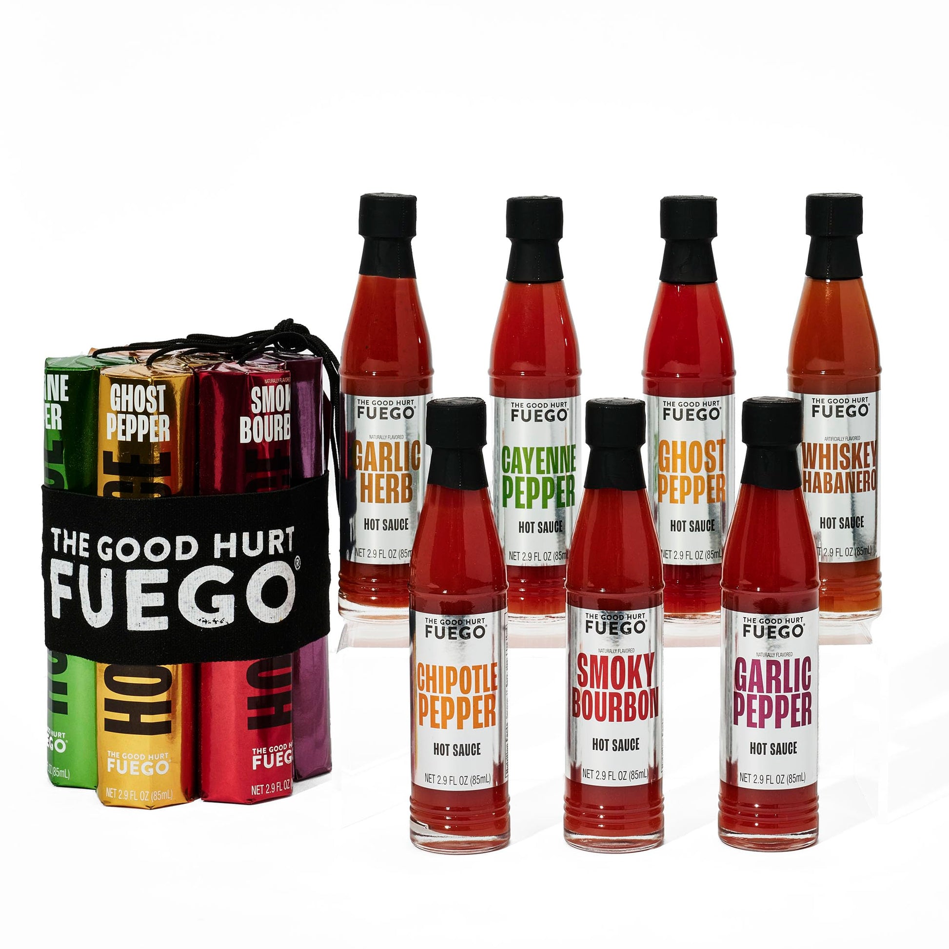 The Good Hurt Fuego, Hot Sauce Sampler Gift Set, Includes 7 Bottles In Exotic Flavors, Hot Sauce Variety Pack With Habanero, Ghost Pepper, Smoky Spirit-Inspired Flavor, Great For Men, Holiday Or Christmas Gift Idea