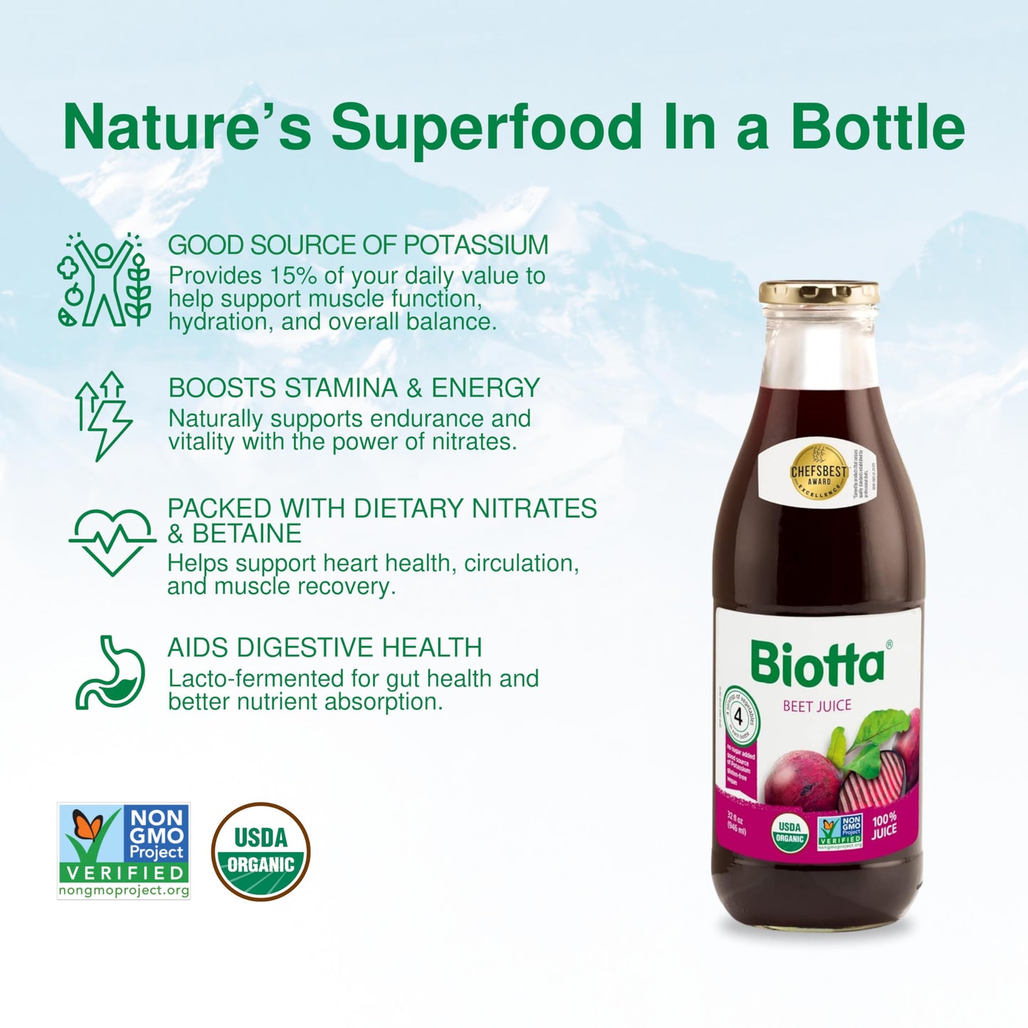 Biotta Organic Beet Juice - Natural Beetroot Superfood - Gluten Free - 32 Fl Oz (Pack of 4) - Beet Color