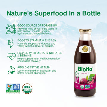 Biotta Organic Beet Juice - Natural Beetroot Superfood - Gluten Free - 32 Fl Oz (Pack of 4) - Beet Color