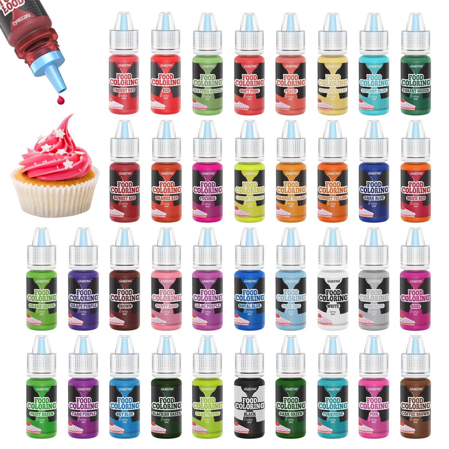 CAKESTAR Food Coloring Liquid, 36 Pack, Vibrant Neon Colors, 6ml Each, Perfect for Baking, Icing, DIY Crafts