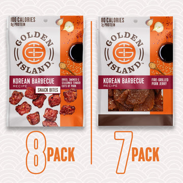 Golden Island Pork Jerky Korean BBQ Variety Pack - Gluten Free, 17oz (8x1.25oz & 7x1oz) - High Protein Snack, 100 & 80 Calories