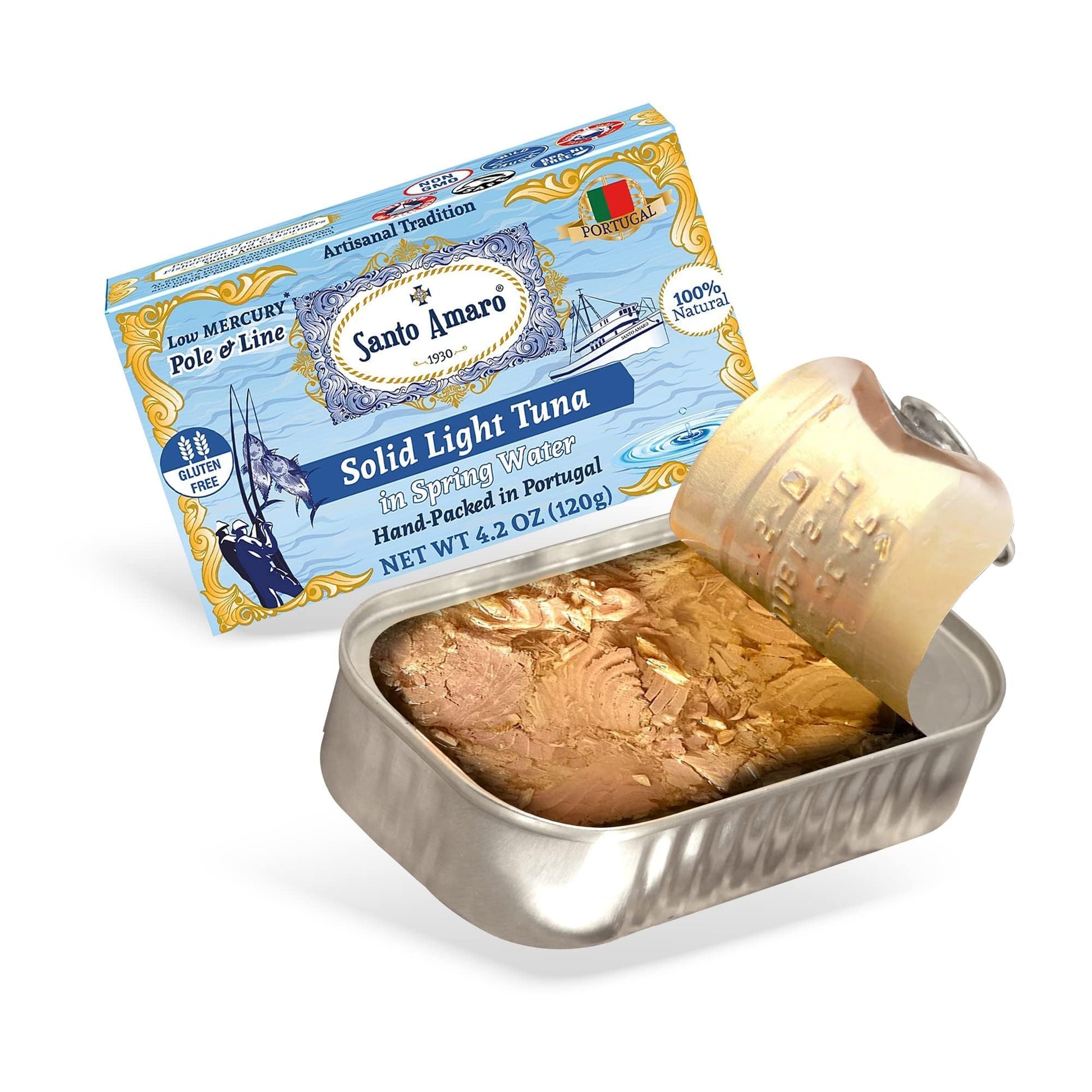 Santo Amaro Wild Caught Tuna in Spring Water, 4.2 oz (Pack of 6), 24g Protein, Low Mercury, Hand-Packed