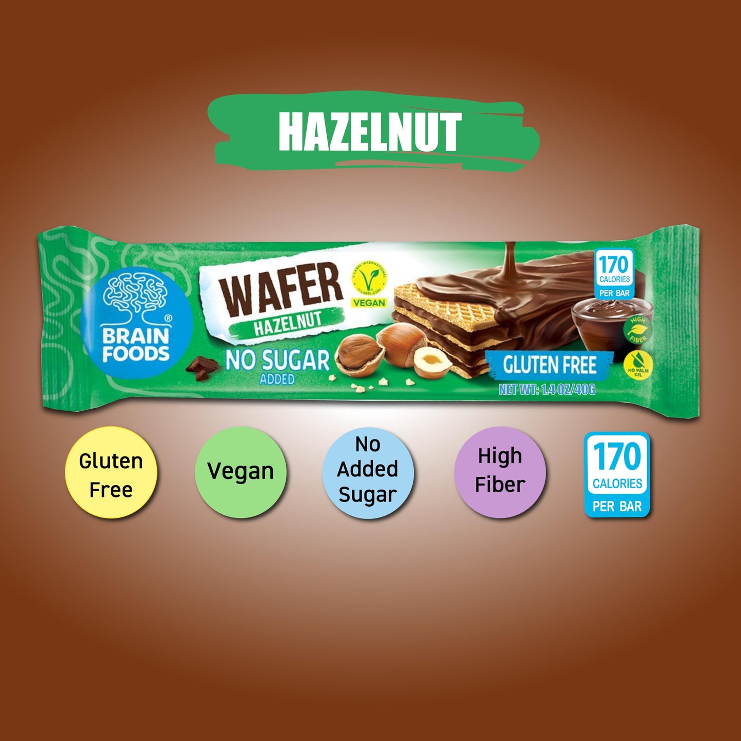 Brain Foods Gluten Free Vegan Chocolate Coated Hazelnut Wafers, 12 Bars, High Fiber, No Sugar Added, 1.4 oz, Guilt Free Snack