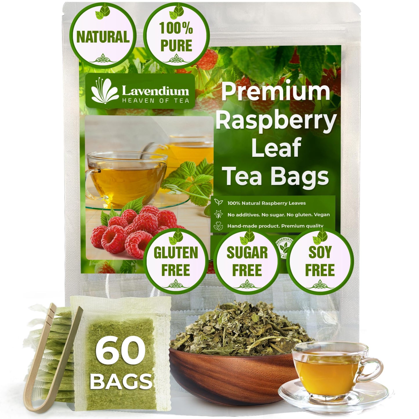 Lavendium Raspberry Leaf Tea Bags, 100% Natural, Caffeine-Free, Vegan, 60 Count