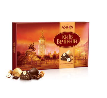 Roshen Kyiv Vecherniy Chocolate Candy With Chopped And Hazelnuts Coating, Premium Gift Box 12.42Oz/352 Grams