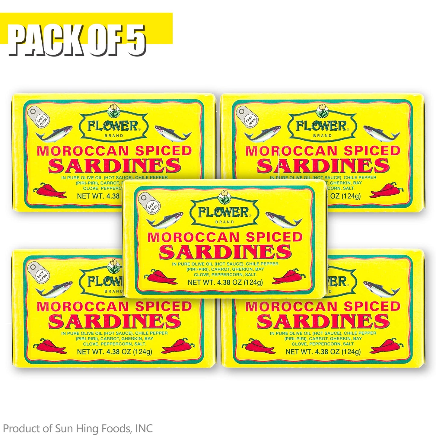 Flower Spiced Sardines in Olive Oil, High Protein, Gluten Free, 4.38 oz (Pack of 5), Model SUNHG-3