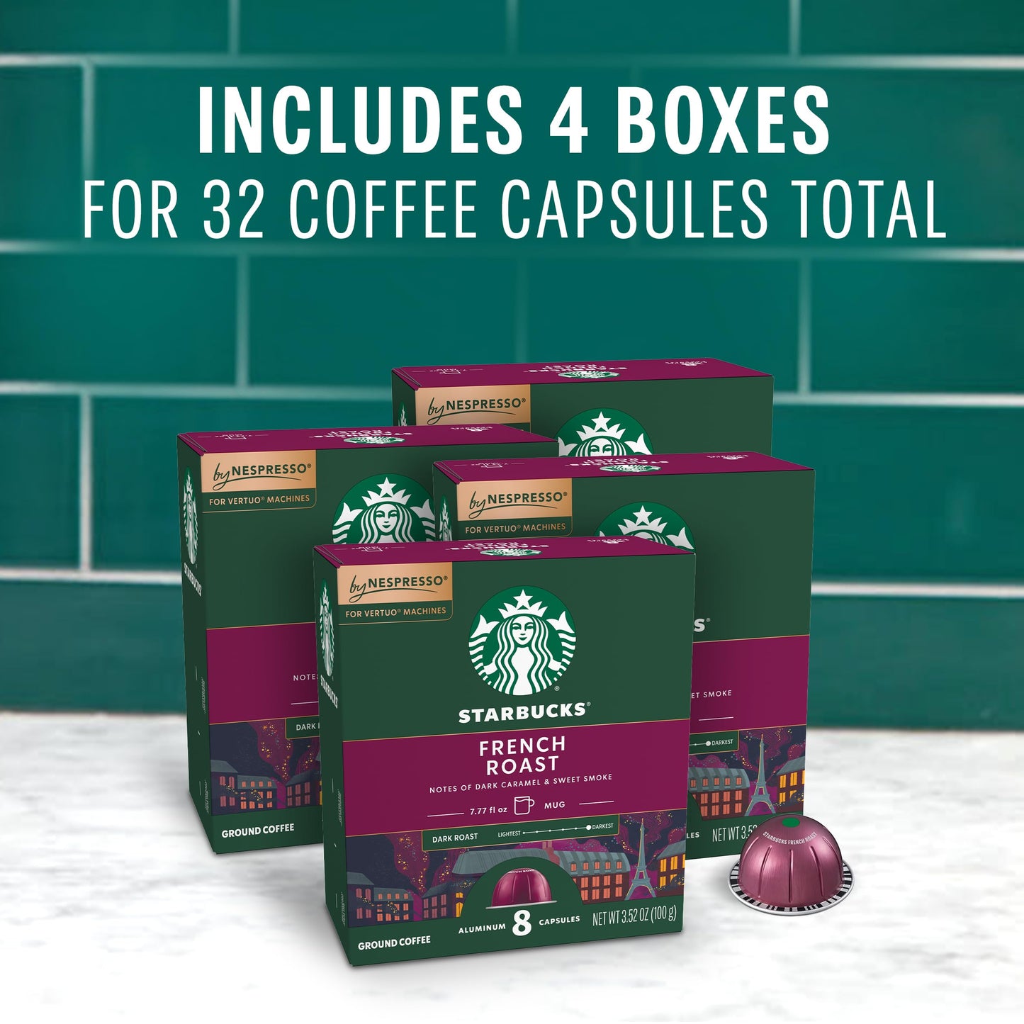 Starbucks Dark Roast Coffee Pods, French Roast, 32 Count, For Nespresso Vertuo