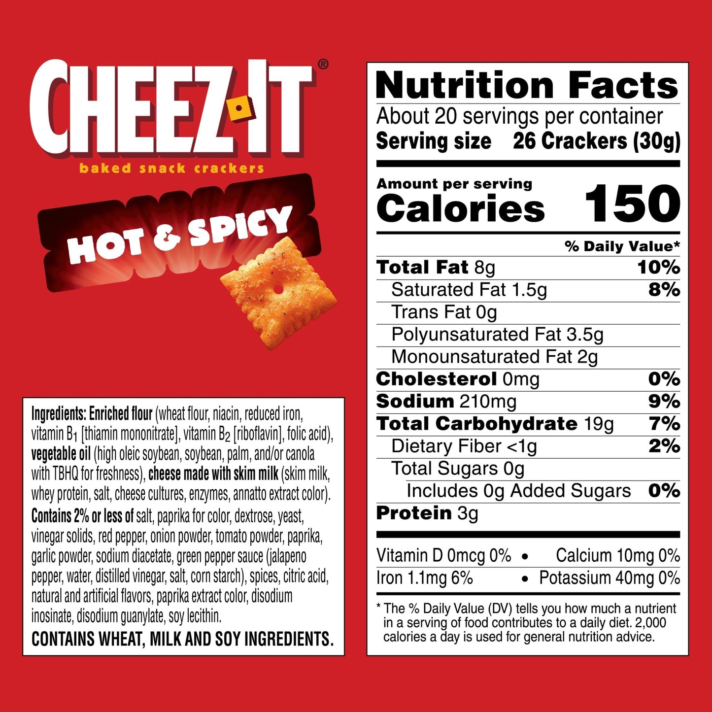 Cheez-It Baked Snack Crackers, Lunch Snacks, Family Size, Hot and Spicy, 21oz Box (1 Box) (Pack of 2)