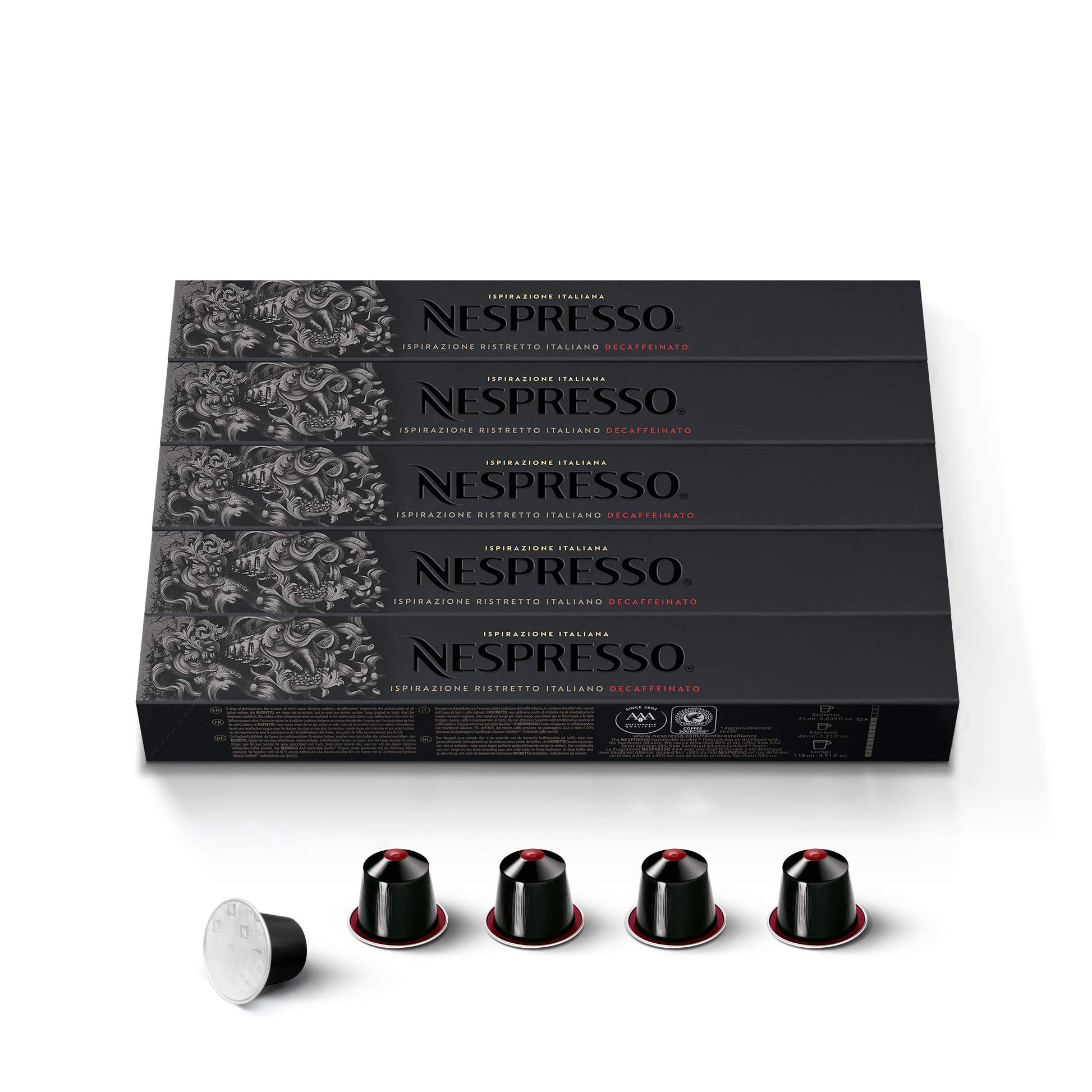 Nespresso Ristretto Decaffeinato Coffee Pods, Dark Roast, 50 Count, Model 145