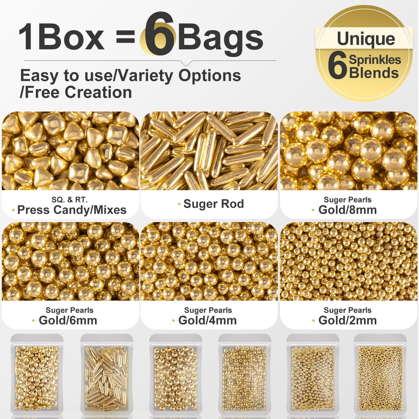 Huebeaty 6-in-1 Metallic Gold Dragees Sprinkles for Cake Decorating, 180g, Gold