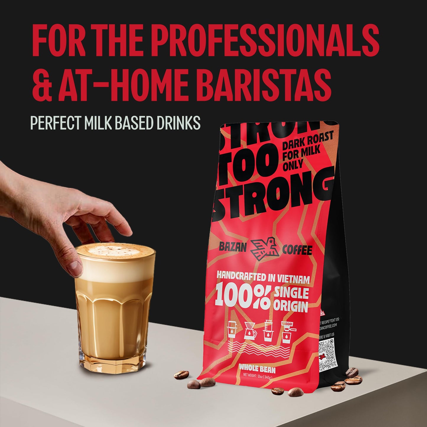 BAZAN COFFEE - Too Strong Robusta Vietnamese Whole Bean Coffee Dark Roast  Single Origin  High Caffeine & Low Acid Coffee  Bold Espresso Coffee Beans for Espresso Lovers  Full Bodied Flavor - 12oz bag