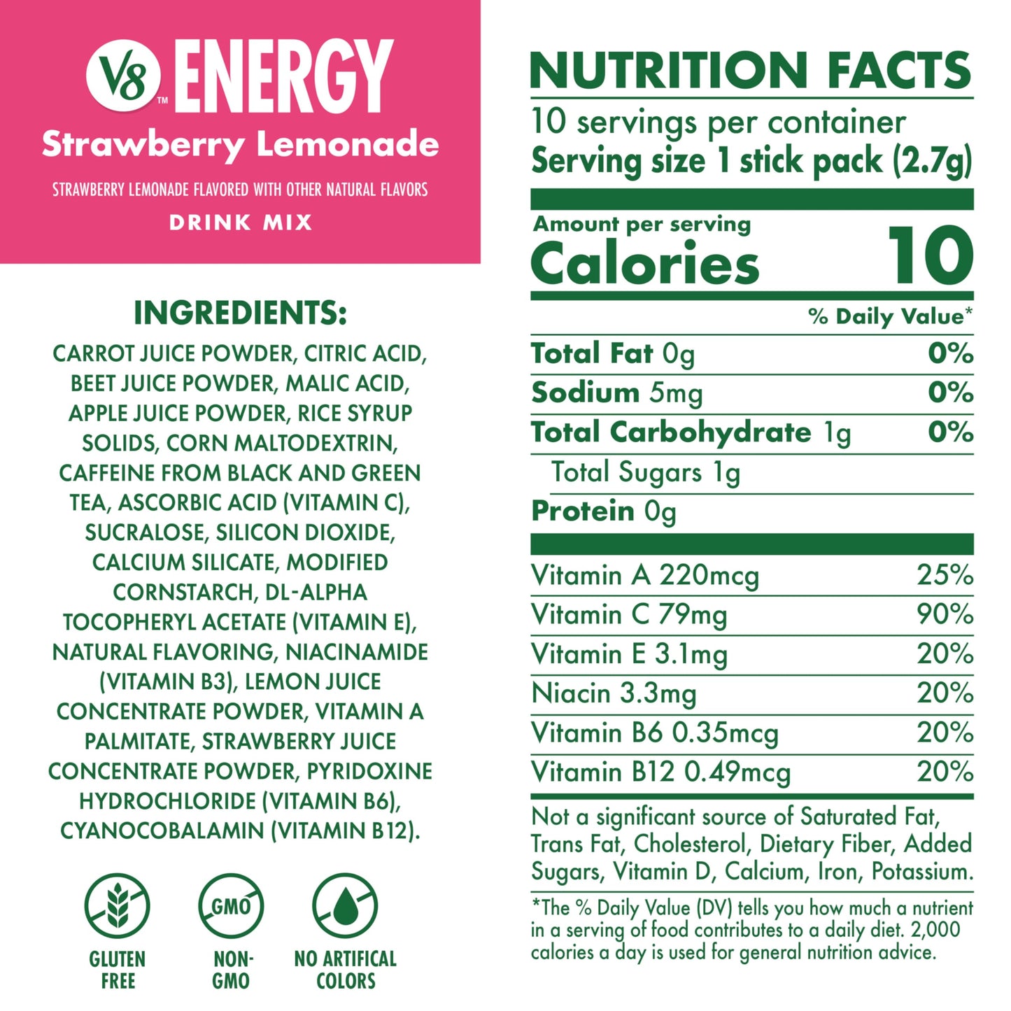 V8 Energy Strawberry Lemonade Energy Drink Powder  .10 oz Packet (120 Count)