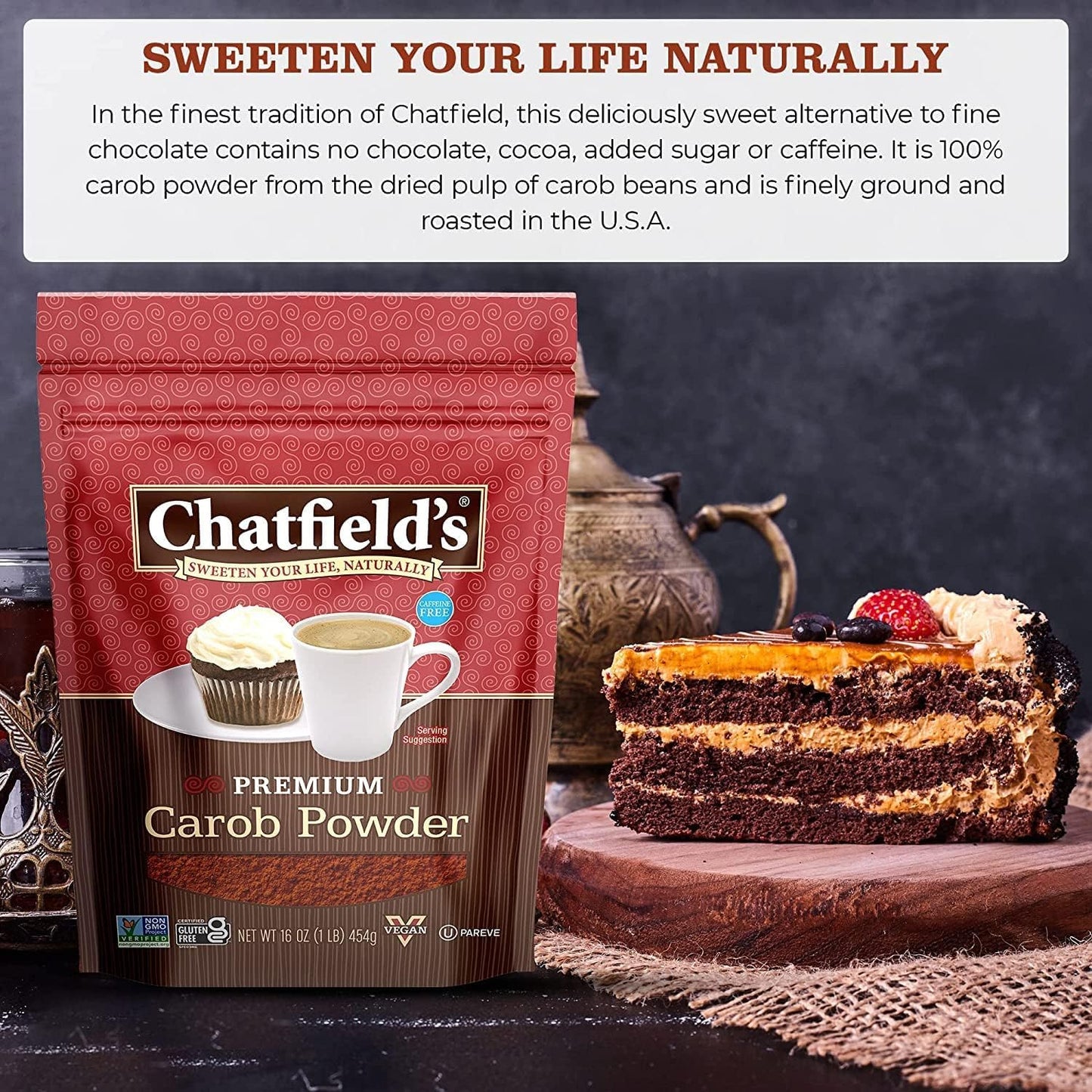 Chatfields enhanced Carob Powder  Caffeine-Free  Vegan Friendly  Kosher  Gluten Free & Non-GMO  16 Ounce (Pack of 6)