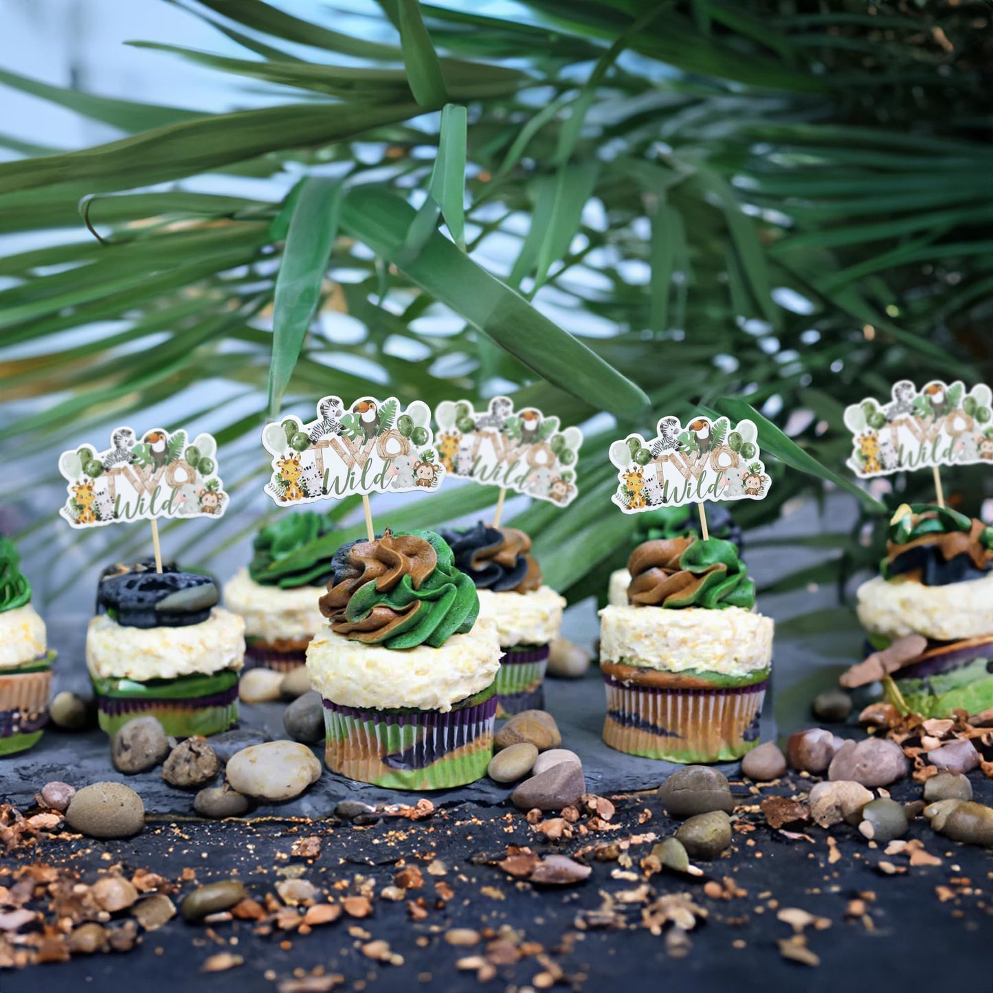 Gyufise Jungle Animal Cupcake Toppers, 36 Pcs, Green Paper Picks for 2nd Birthday and Baby Shower Decorations