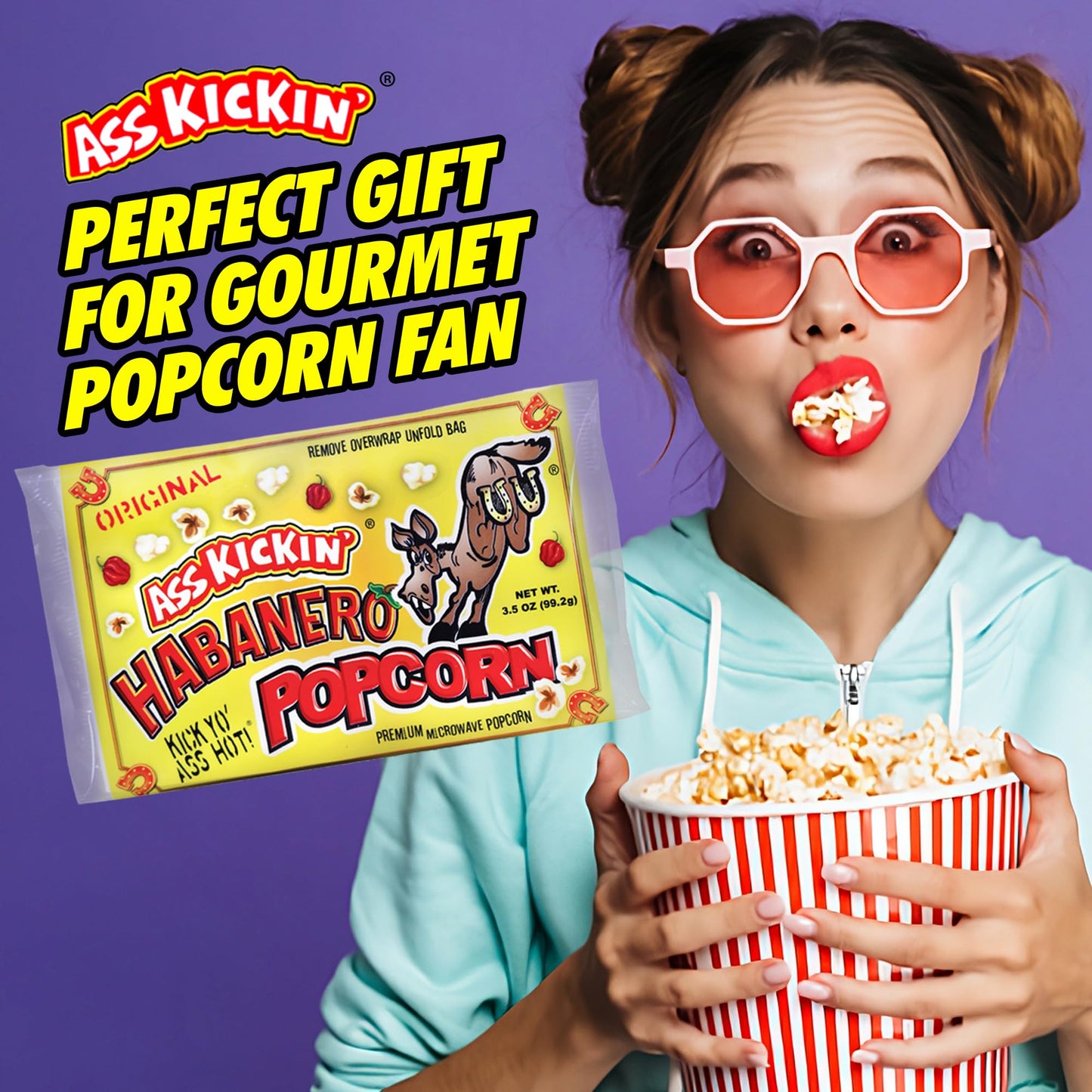 ASS KICKIN Habanero Microwave Popcorn - 12 Pack - 0.08 Ounce Each - Spicy Gourmet Snack for Movie Night