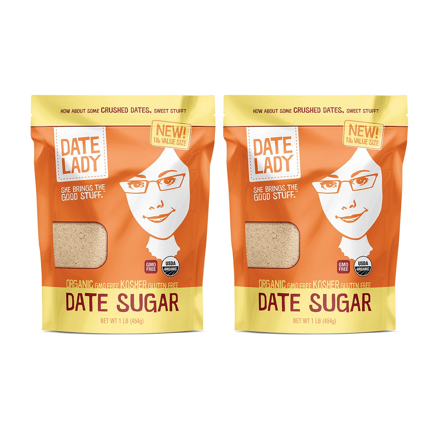 Date Lady Date Sugar, 1 Lb, Organic | 100% Whole Food | Vegan, Paleo, Gluten-Free & Kosher | Sugar Substitute And Alternative Sweetener For Baking | Will Not Dissolve In Your Coffee (2 Bags)