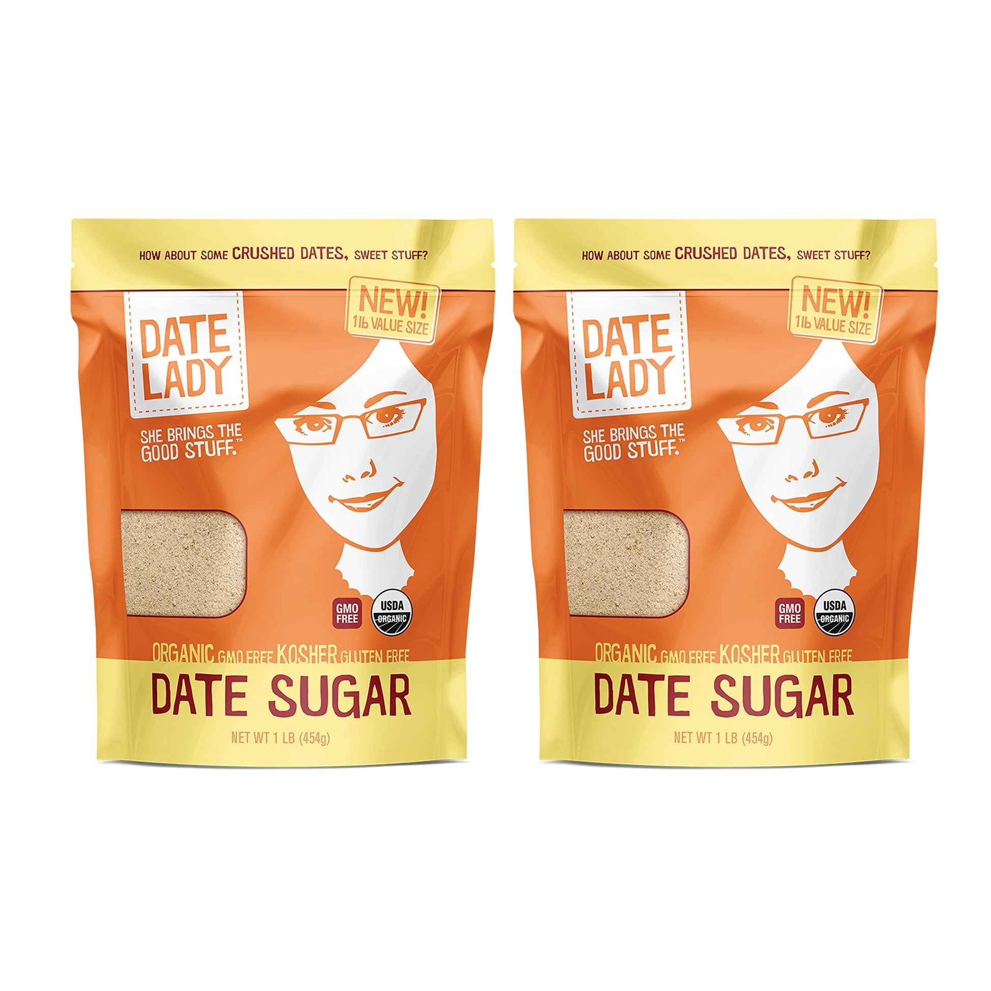Date Lady Date Sugar, 1 Lb, Organic | 100% Whole Food | Vegan, Paleo, Gluten-Free & Kosher | Sugar Substitute And Alternative Sweetener For Baking | Will Not Dissolve In Your Coffee (2 Bags)