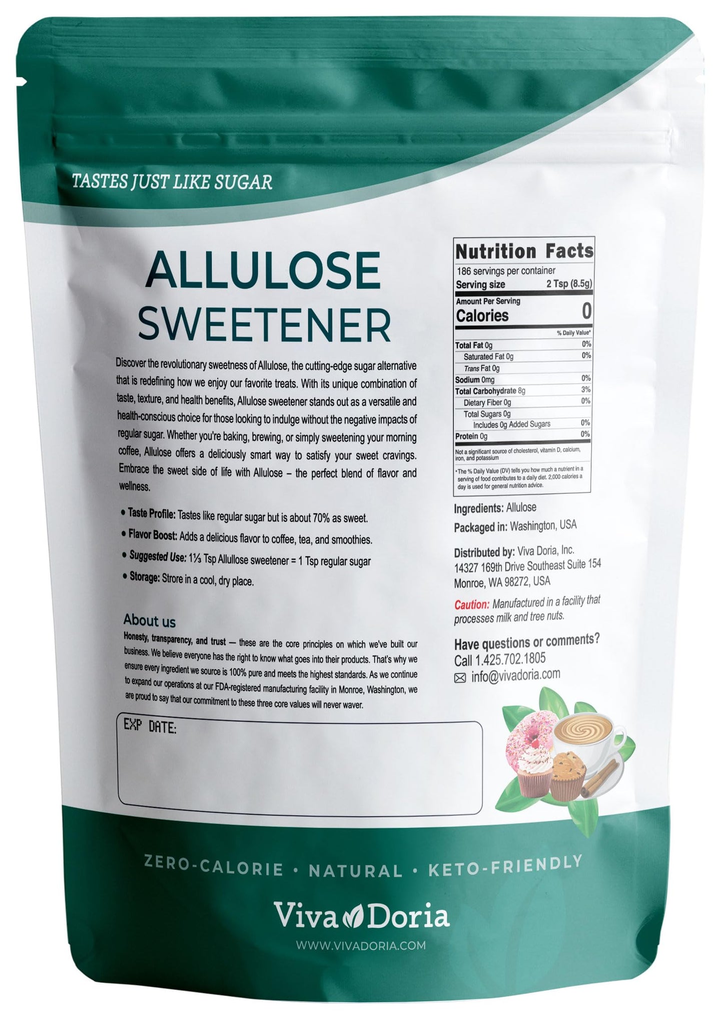Viva Doria Allulose Sweetener, 3.5 lb (1.59 kg) | Zero Calorie Sugar Substitute | Great for Coffee, Tea, Cooking and Baking | Ke