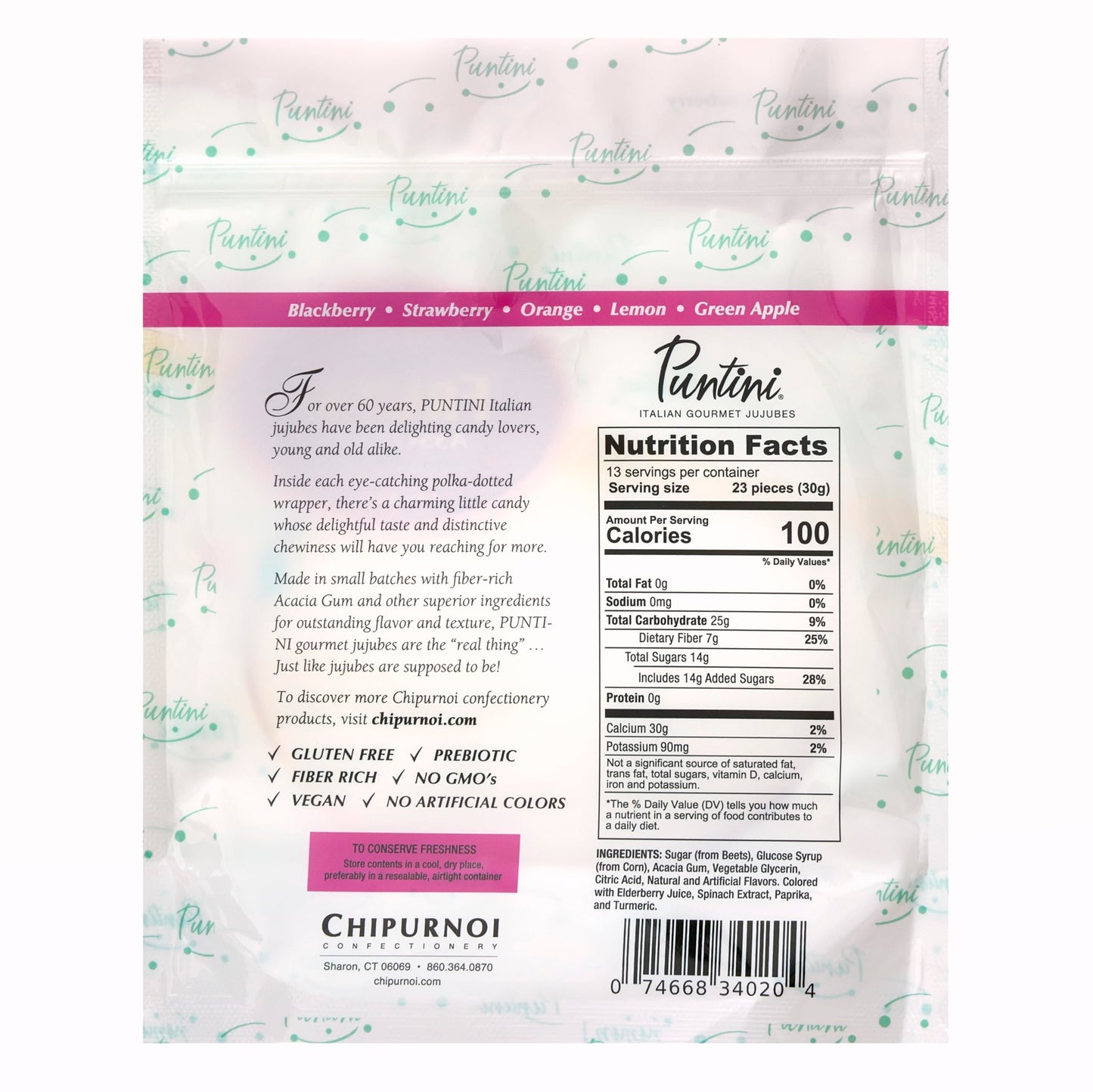 PUNTINI Frutti Assortiti Italian Gourmet Chewy Jujubes, Assorted Fruit Flavors, Individually Wrapped Vegan Candy, Gluten Free, N