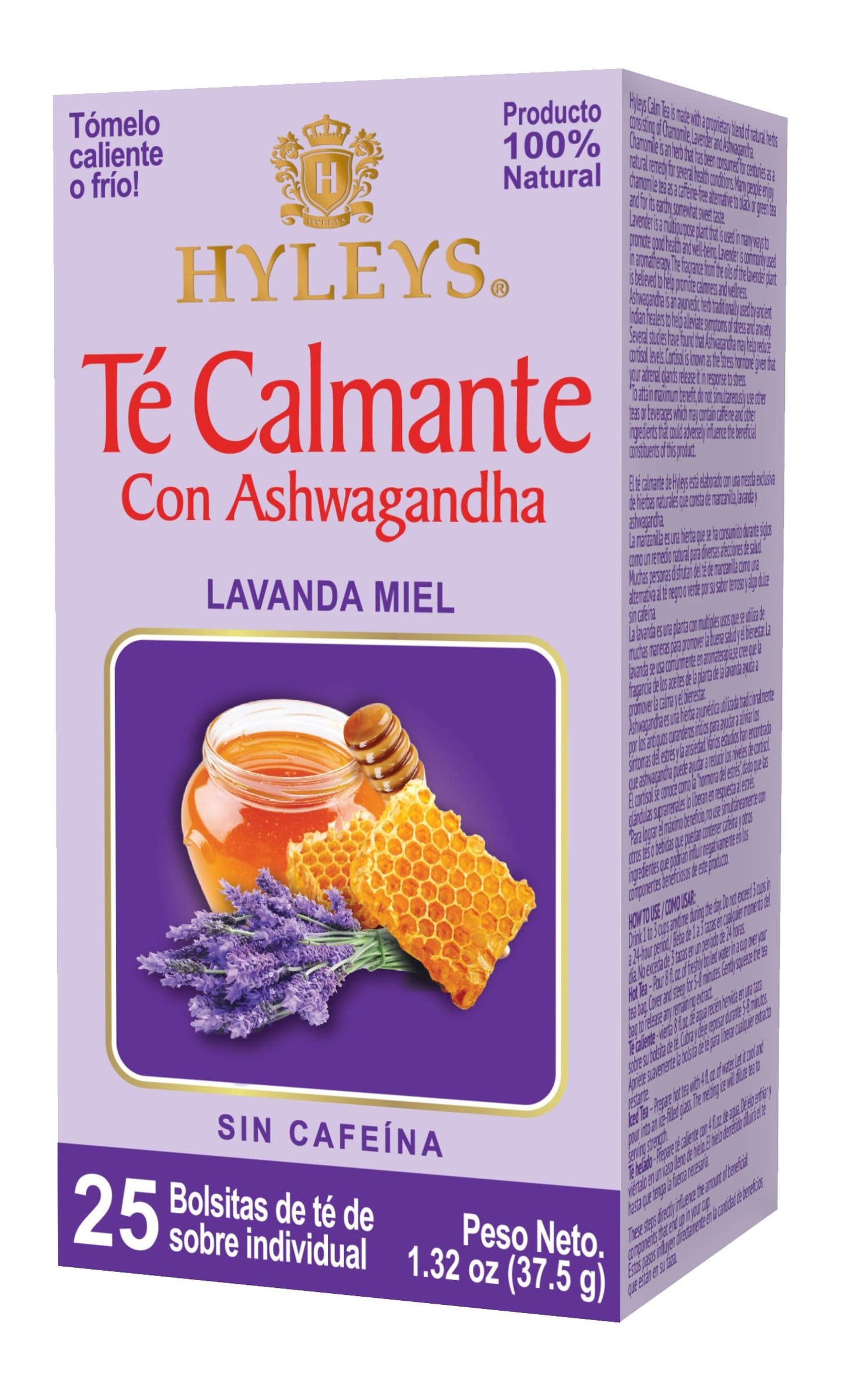 HYLEYS Herbal Tea - Calm Tea with Ashwagandha, Lavender & Honey Flavor, Caffeine-Free, 25 Tea Bags, Model 854326