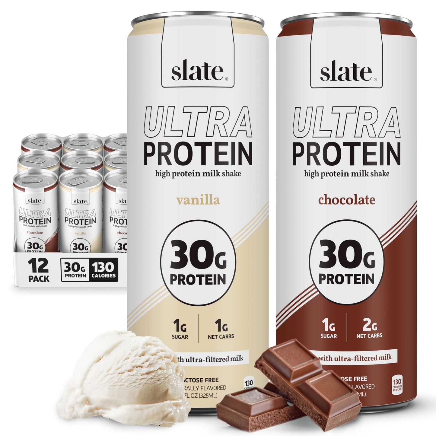Slate Milk - Ultra Protein Shake - Best Sellers Pack - Chocolate  Vanilla - 30G Protein  1G Sugar  130 Calories  2G Net Carbs - Lactose Free  No Added Sugar  Ultra Filtered Milk - 11 Fl Oz  12 Cans