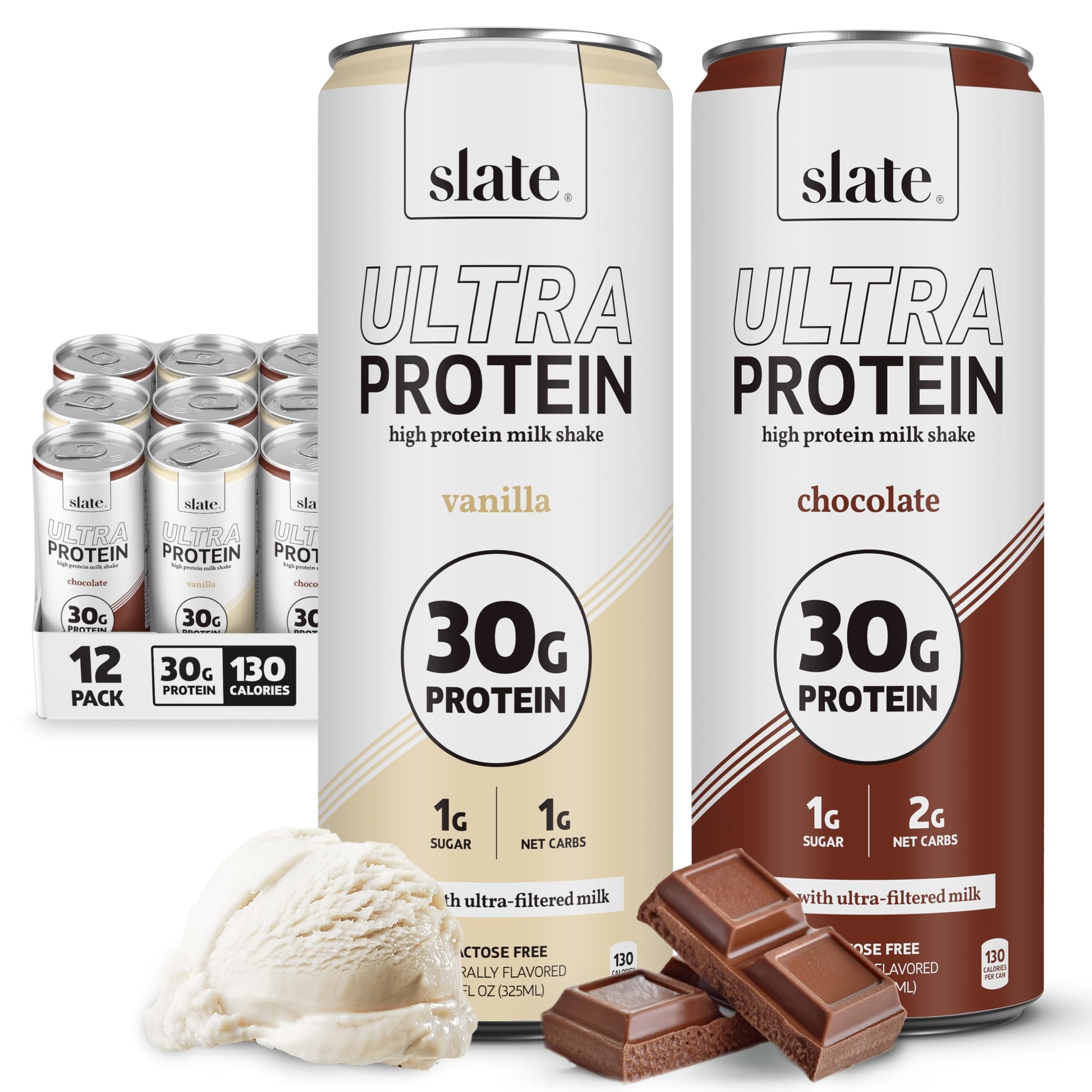 Slate Milk - Ultra Protein Shake - Best Sellers Pack - Chocolate  Vanilla - 30G Protein  1G Sugar  130 Calories  2G Net Carbs - Lactose Free  No Added Sugar  Ultra Filtered Milk - 11 Fl Oz  12 Cans