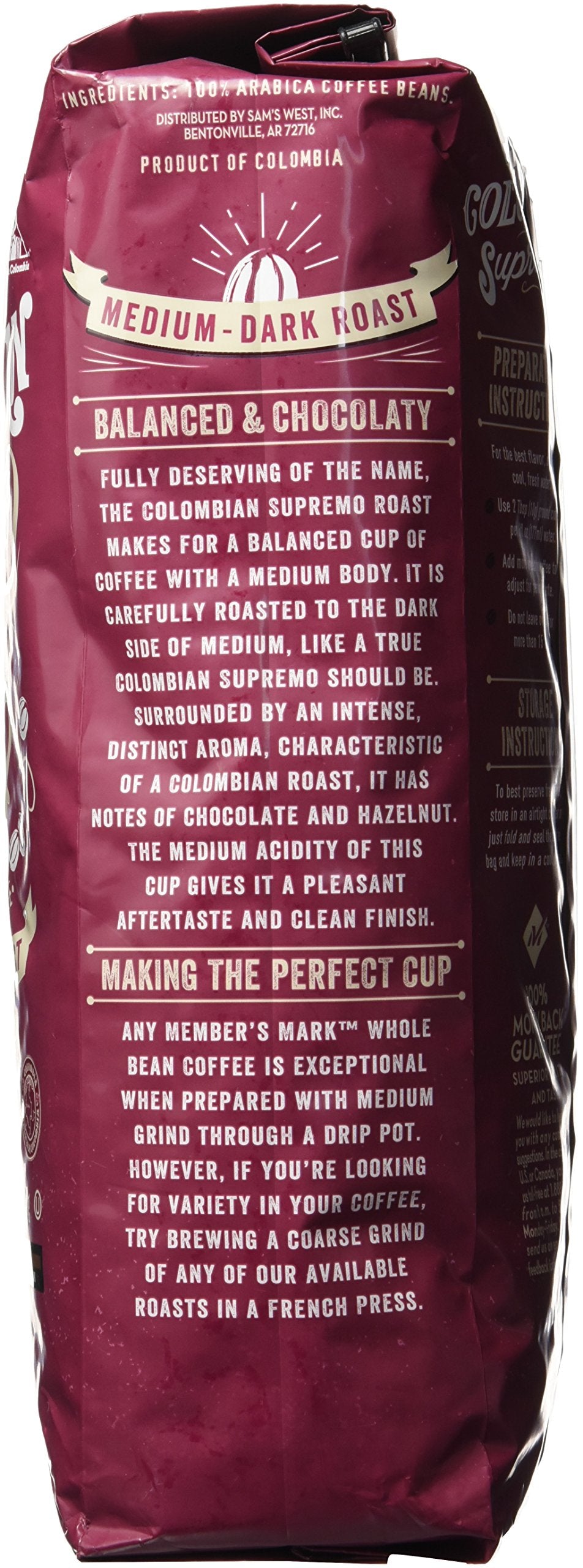Members Mark Colombian Supremo Whole Bean Coffee (40 OZ), Sweet Chocolate & Hazelnut Notes, 40 oz, Medium Dark Roast