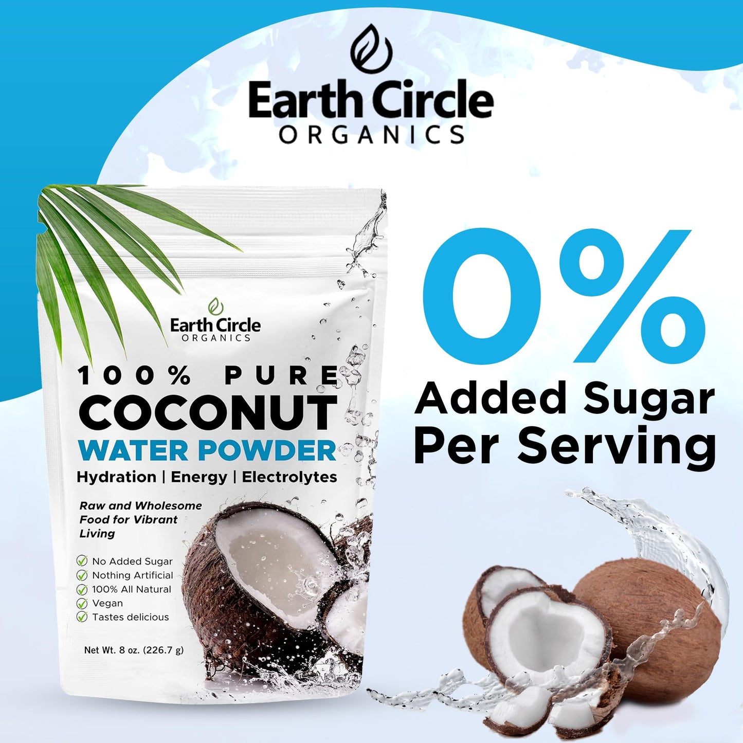 Earth Circle Organics Dried Coconut Water Powder - Hydration & Energy dietary product, Unsweetened, Vegan, Gluten Free, 8 Ounce (Pack of 3)