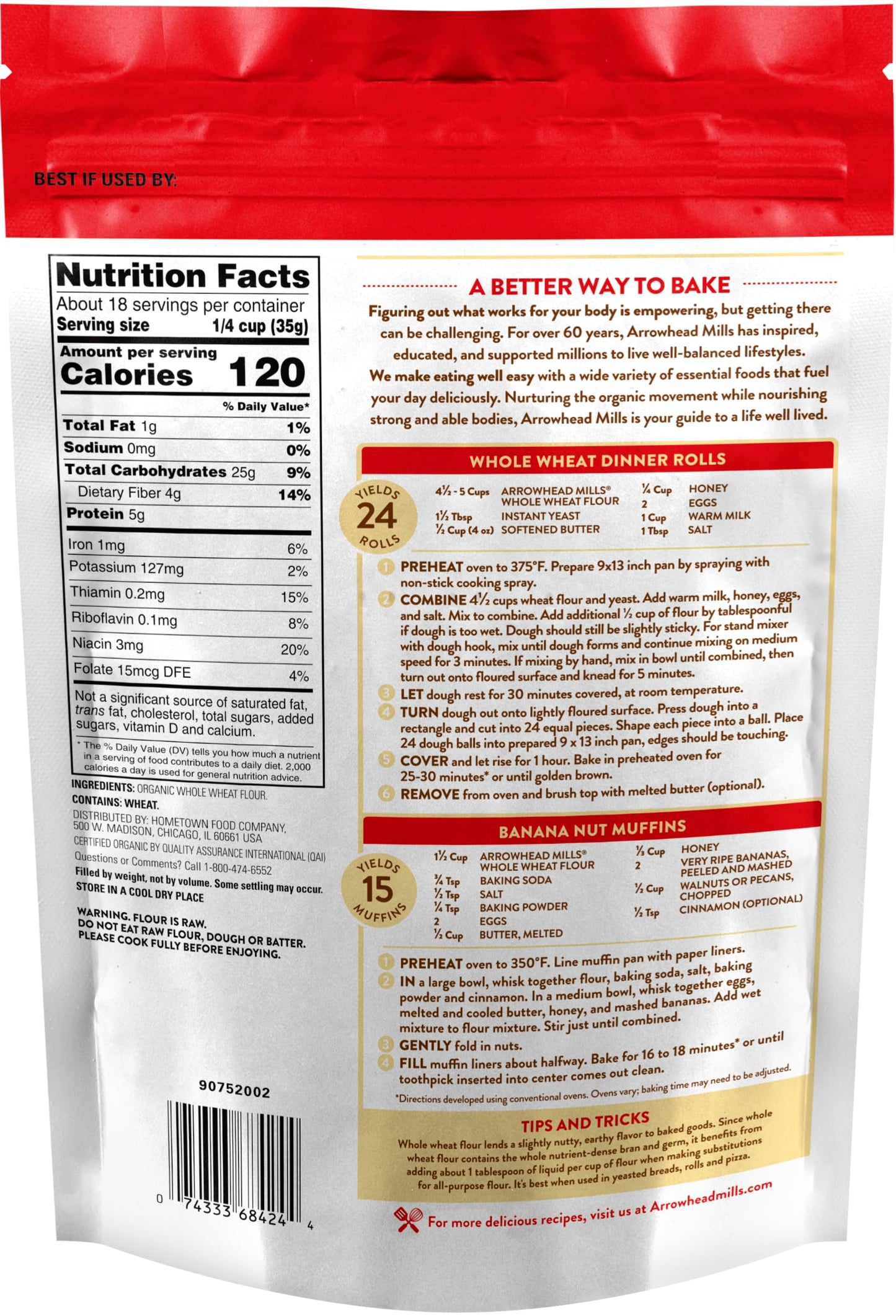 Arrowhead Mills Organic Stone Ground Whole Wheat Flour, 22 oz Bag (Pack of 6)