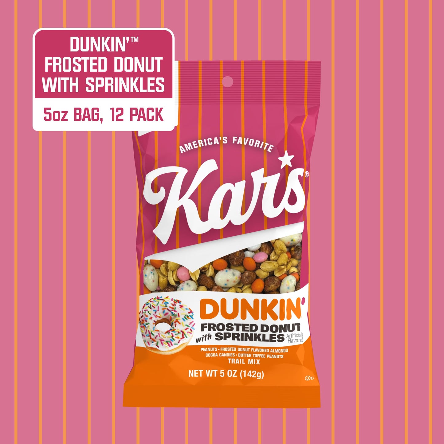 Kars Nuts Dunkin Frosted Donut with Sprinkles Mixed Nuts - Sweet Candy-Coated Nuts Mix, 5oz Grab & Go Bags (Pack of 12) - Trail