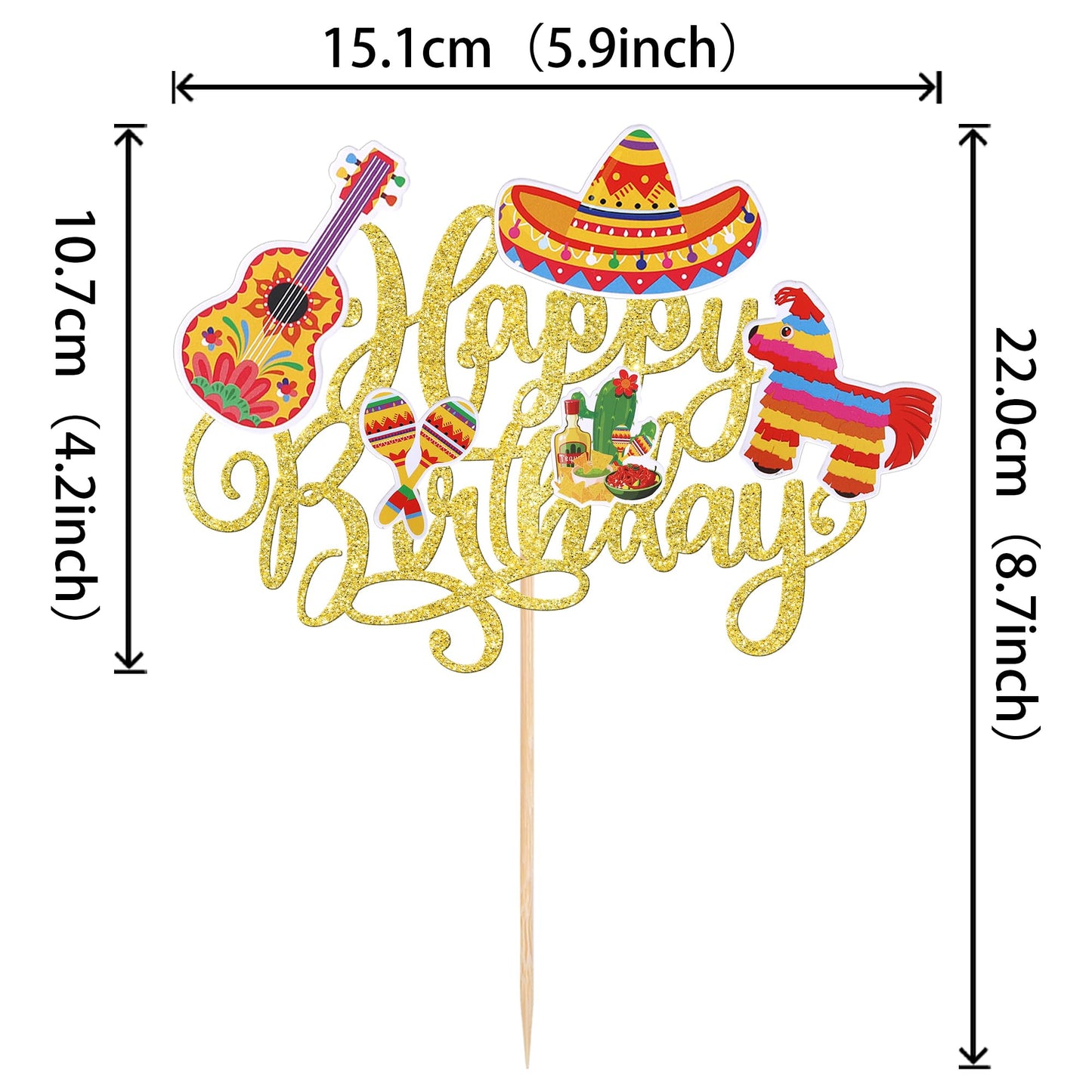 YCTHUNFISH Cake Topper, Happy Birthday Fiesta Theme, Paper & Bamboo, 5.3x8.7 inches, Gold