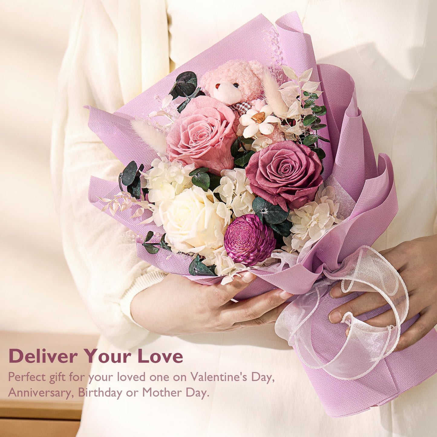 Polylove Forever Flower Bouquet Purple Flower Bouquet Preserved Roses With Bear Gift Box For Wife Mother Valentines Day Mothers