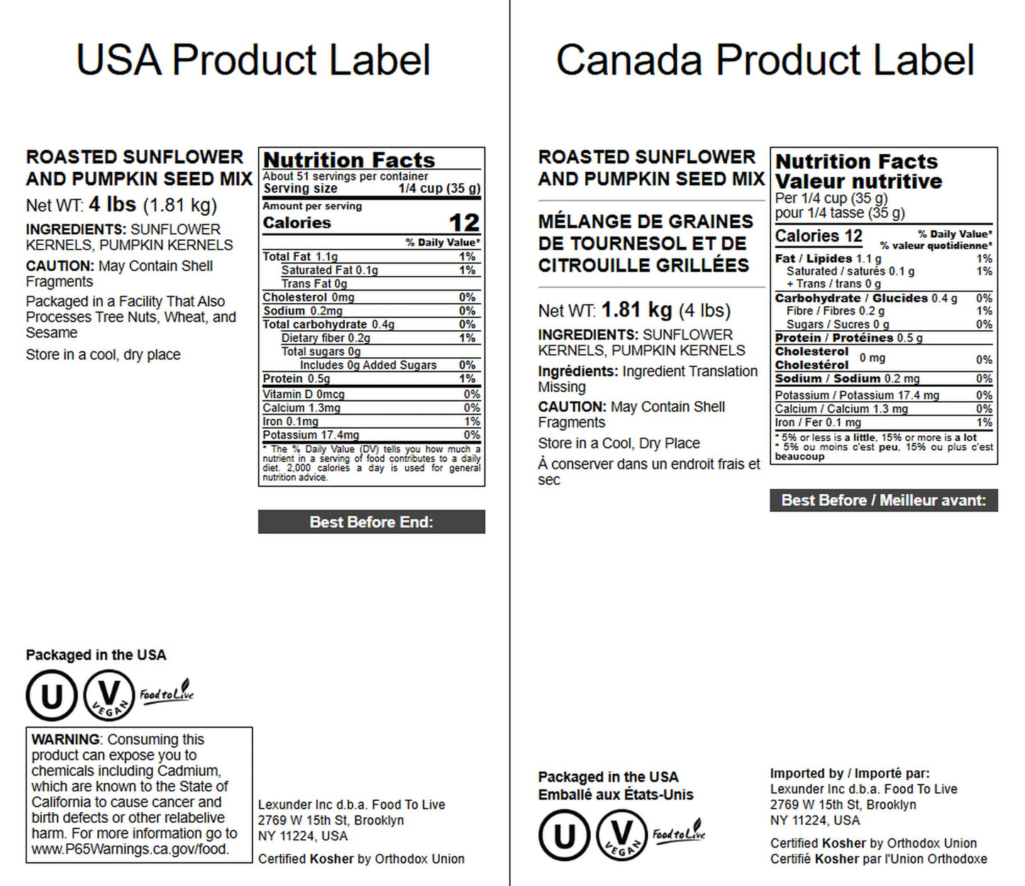 Food to Live Dry Roasted Sunflower and Pumpkin Seed Mix, 4 Pounds - Oven Roasted, No Oil added, Natural Snack, Rich in Protein,