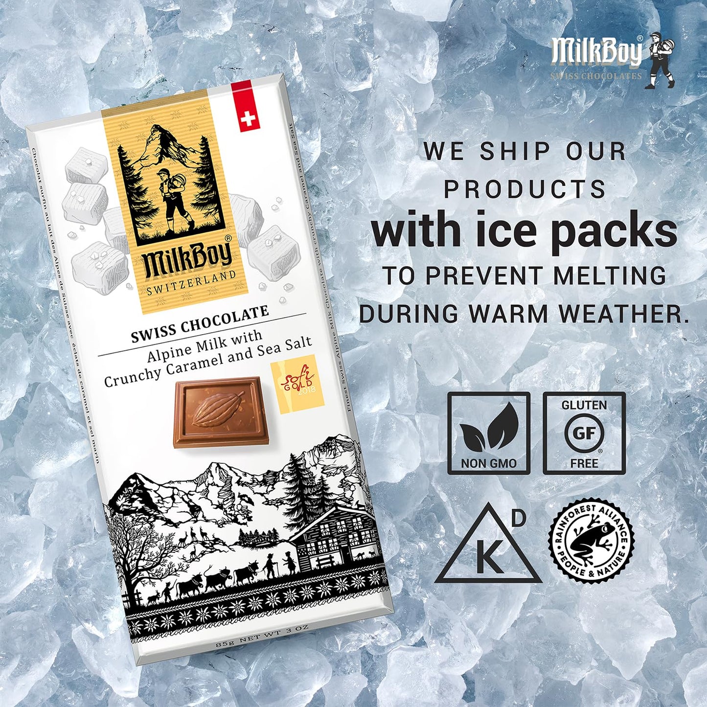 Milkboy Swiss Chocolates Milk Chocolate Bars, Gluten-Free, Non-GMO, 3 oz Pack of 10, Crunchy Caramel Sea Salt, Chocolate