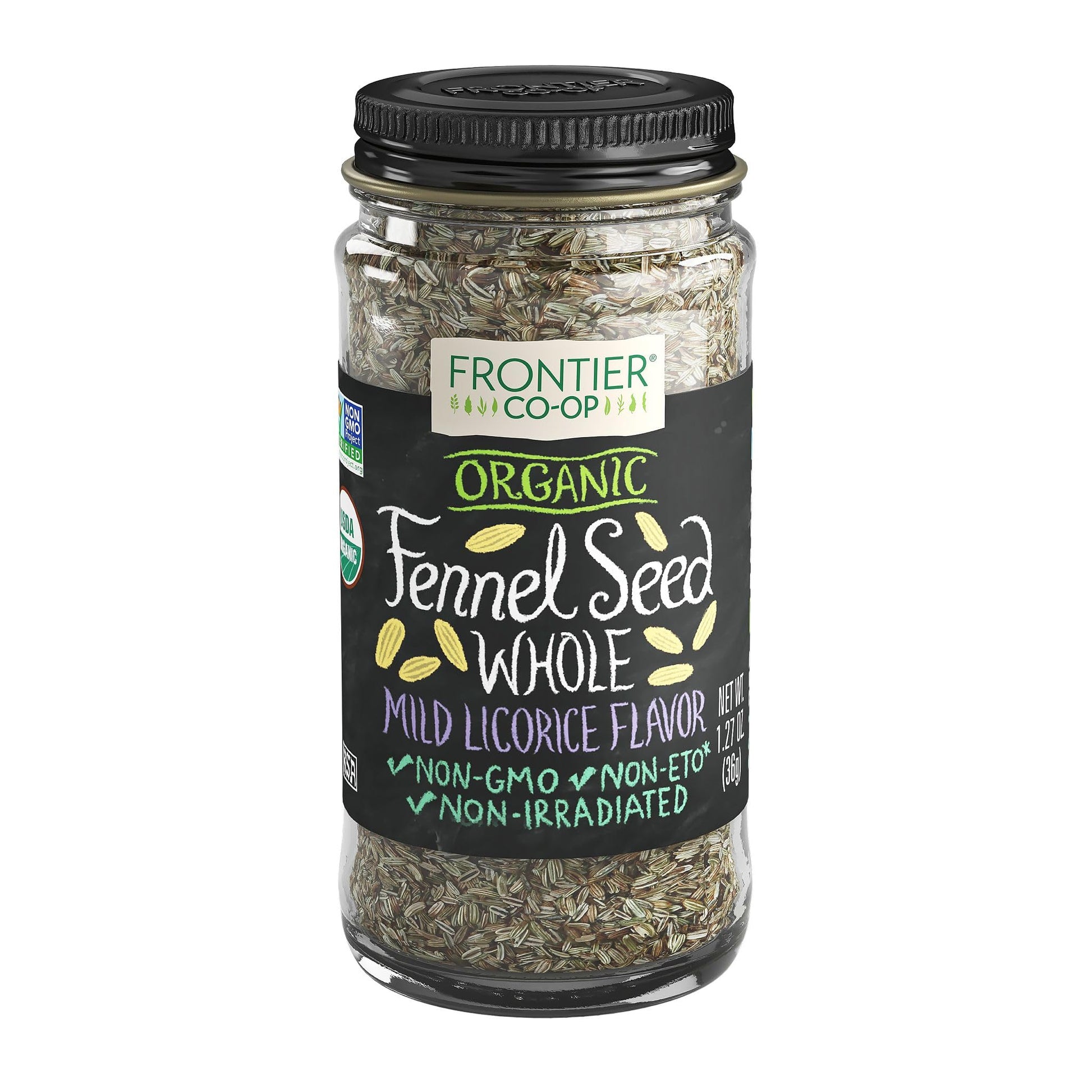Frontier Co-op Organic Whole Fennel Seed, 1.27 oz - Sweet Turkish Fennel for Seasoning Soups, Fish, Salads, Veggies, Candied Des