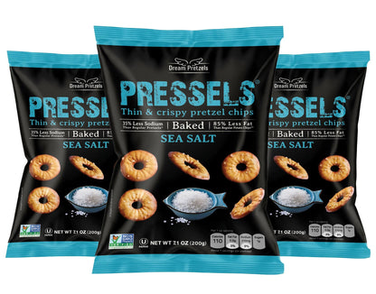 Dream Pretzels Pressels Baked Pretzel Chips, Sea Salt Seasoned, Mini Thin Crisps, Gourmet Snack Bites, Vegan, Low Sodium, Pack o