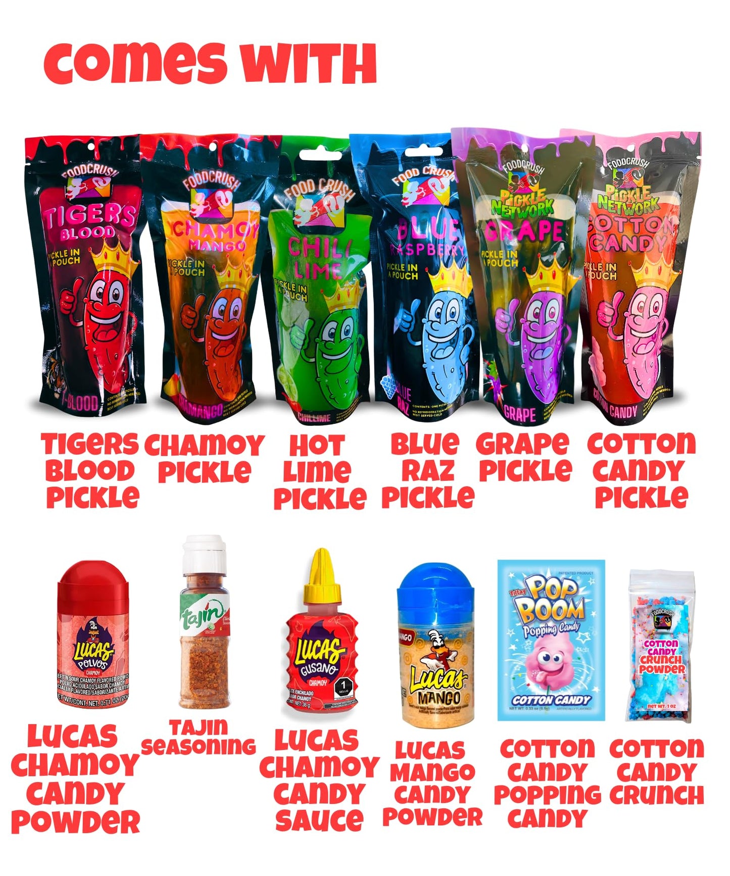 Jumbo Flavored Dill Pickles In A Pouch Sampler Gift Box (Pack of 6-Grape, Cotton Candy, Chamoy, Blue Raz, Tigers Blood, Hot Chil