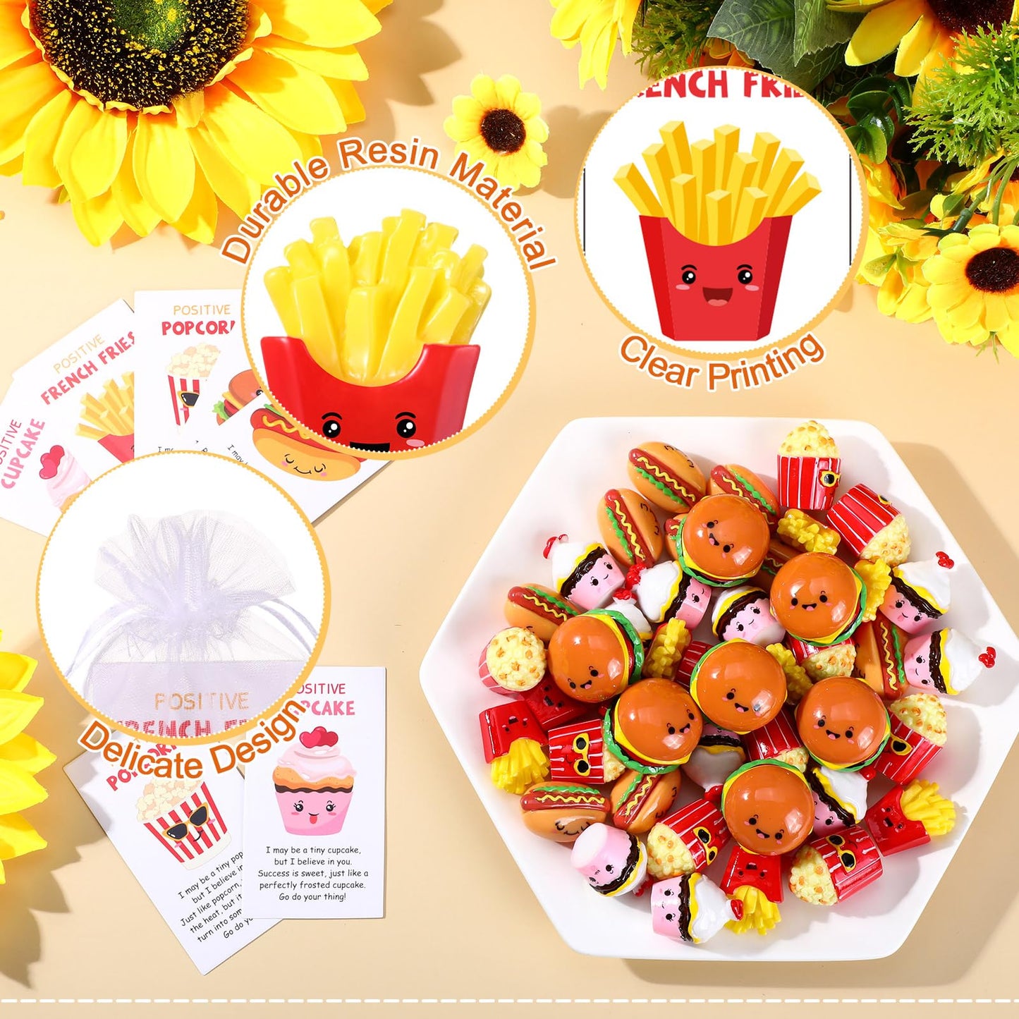 CroBlissful 100 Sets Inspirational Positive Food Mini Gifts for Coworker Bulk Hamburger French Fries Cupcake with Positive Card