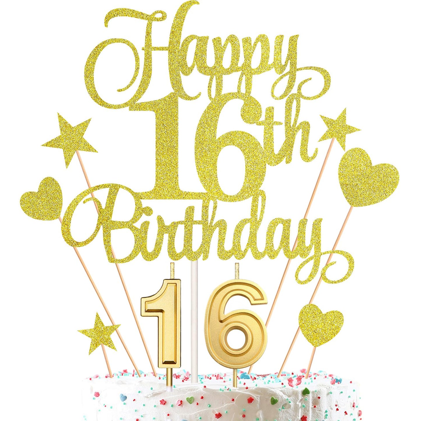 HOGRTi 16th Birthday Cake Decorations Set, Gold Series, Includes Cake Candles and Toppers for Birthday Party